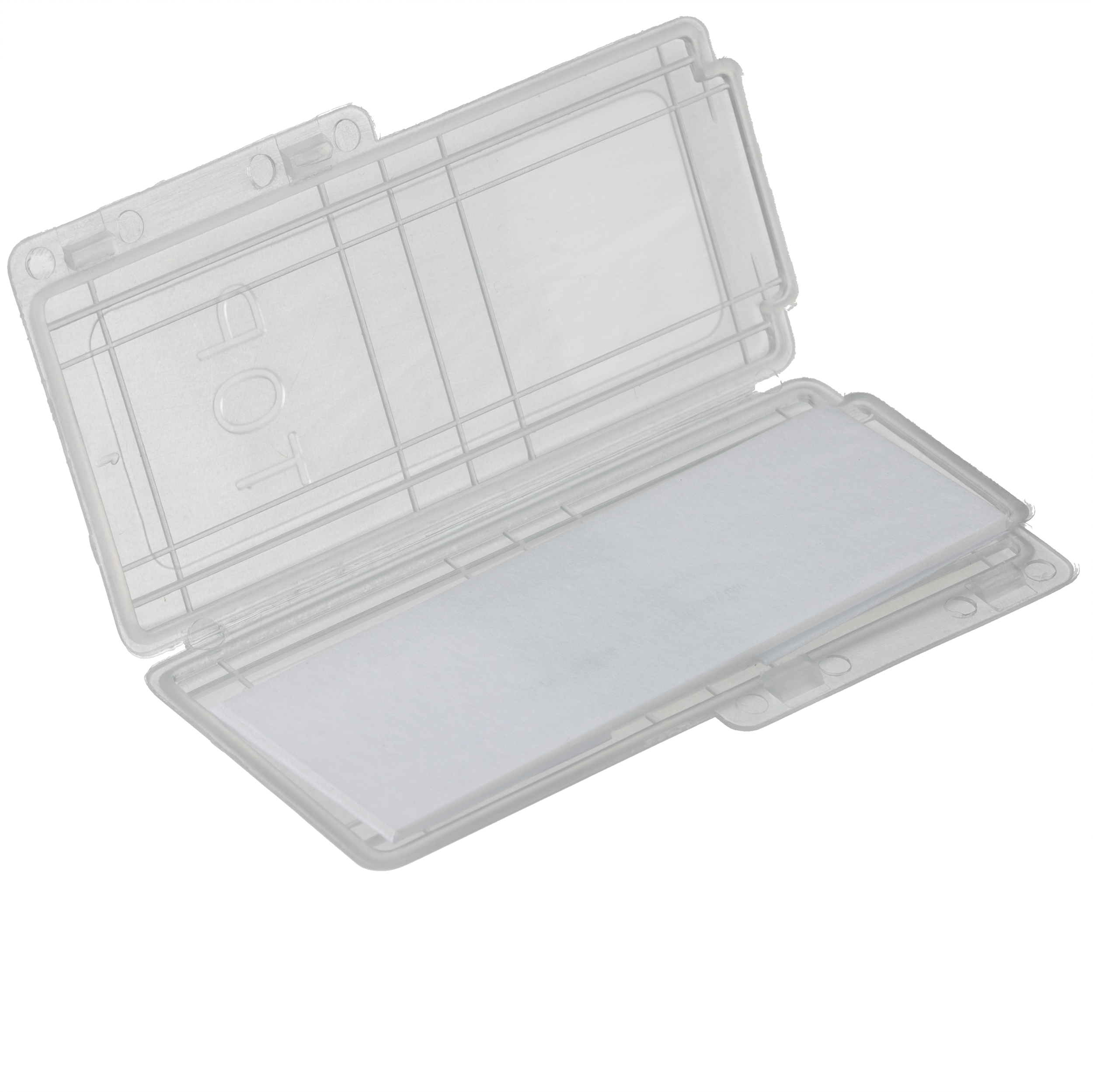 Carcasa de plástico transparente y rectangular. La carcasa está abierta, mostrando inserciones blancas.