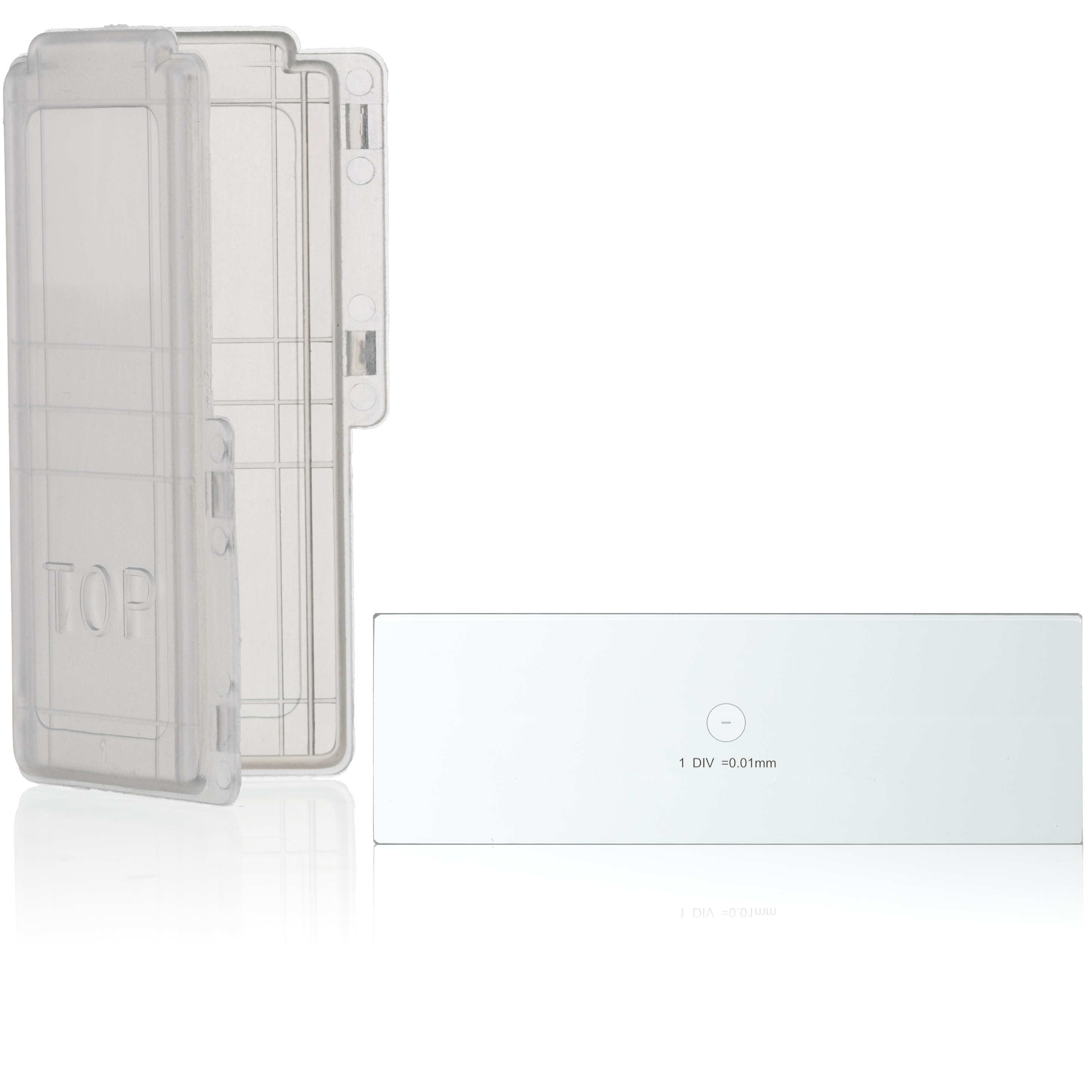 Caja de plástico transparente con portaobjetos de vidrio para examen microscópico.