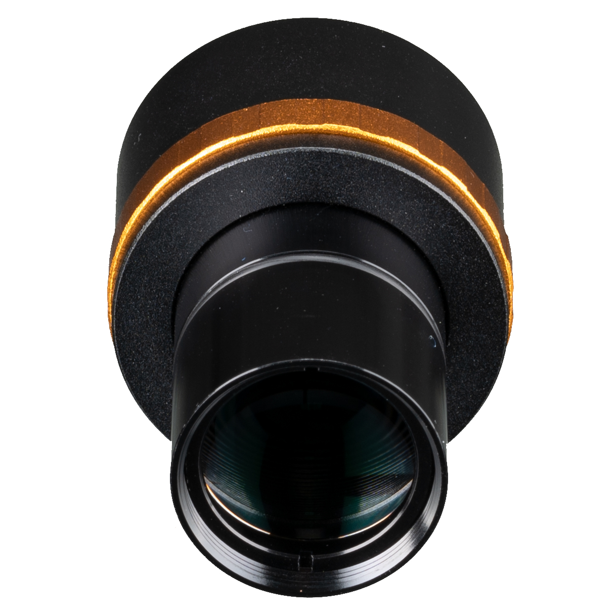 Primer plano de un ocular de microscopio, negro y dorado, sobre fondo blanco.