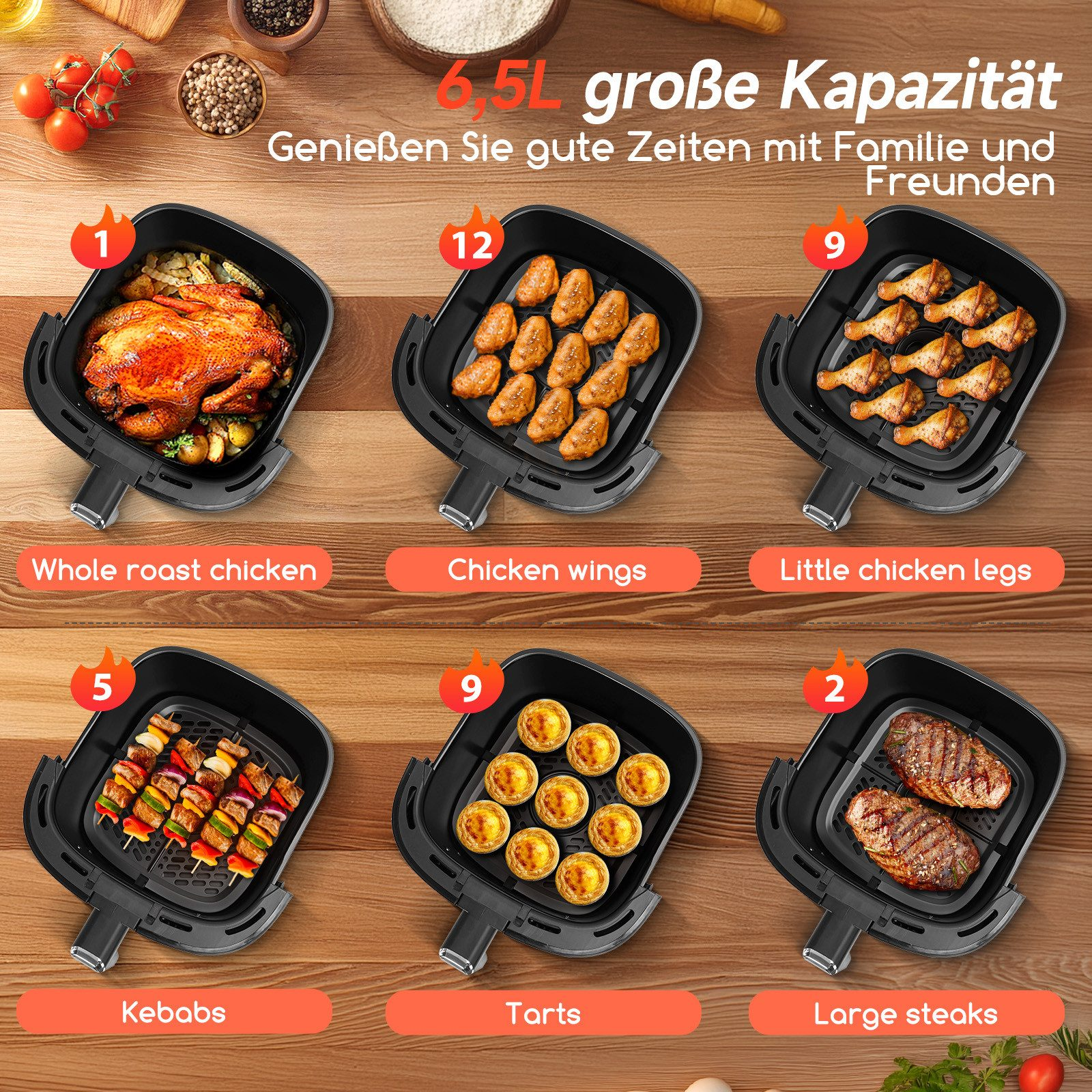 Sechs Tabletts mit gekochtem Essen. Enthält ganzes Hähnchen, Hähnchenflügel, Hähnchenkeulen, Spieße, Tartes und Steaks.