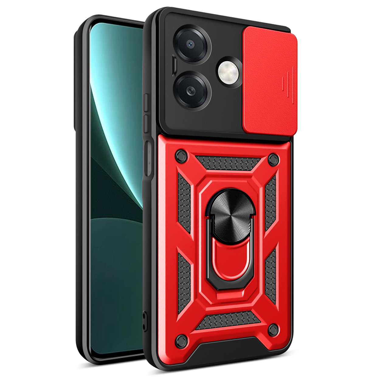Red and black phone case, with a sliding camera cover and ring holder, protecting a phone.