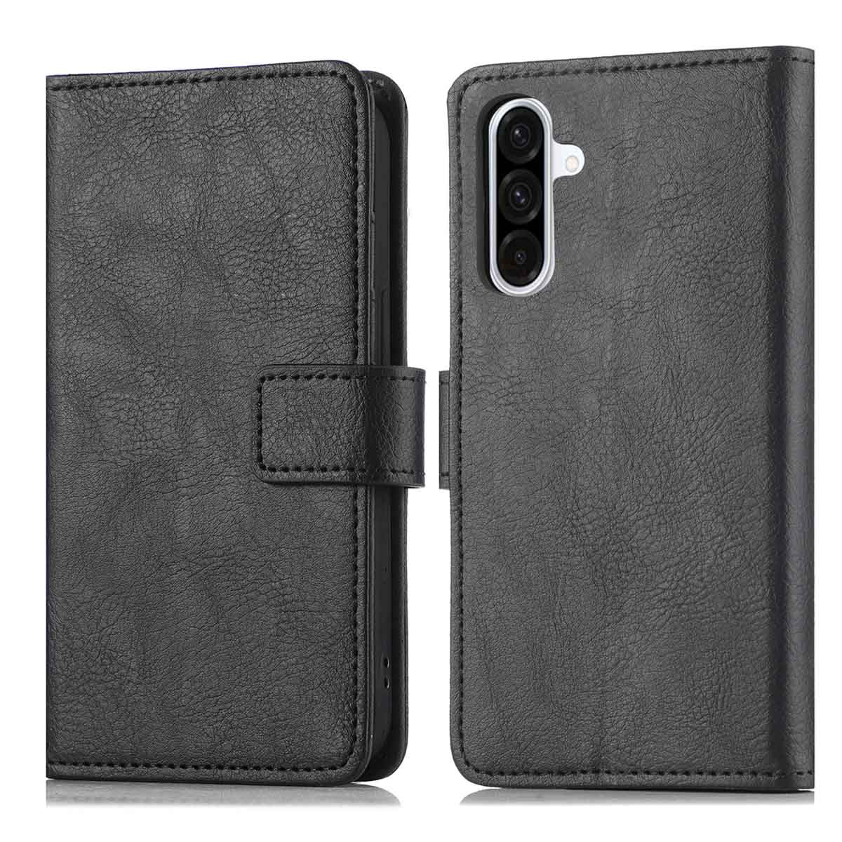 Étui de téléphone en cuir noir, ouvert, montrant le téléphone avec son écran.