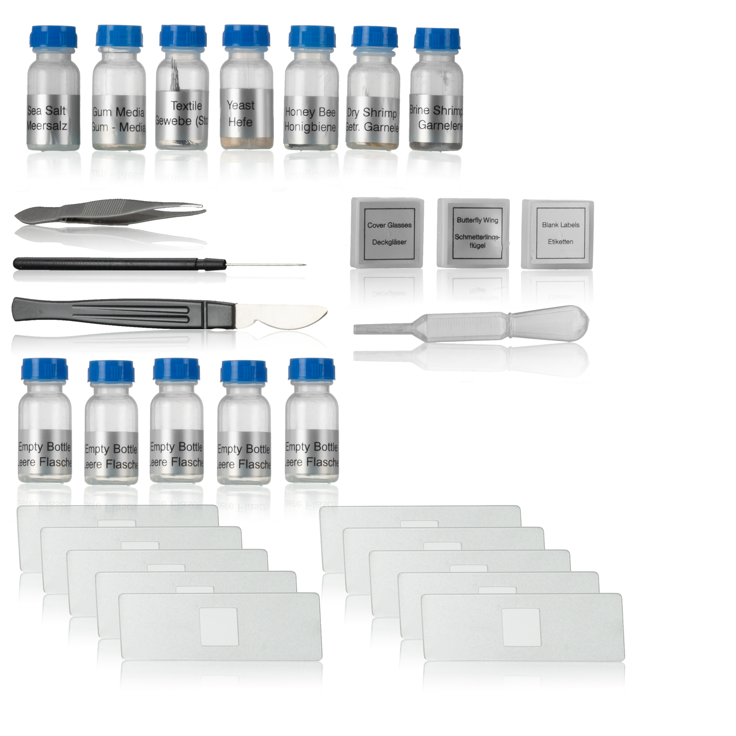 Una colección de equipos de laboratorio que incluyen viales de vidrio, pinzas y portaobjetos.