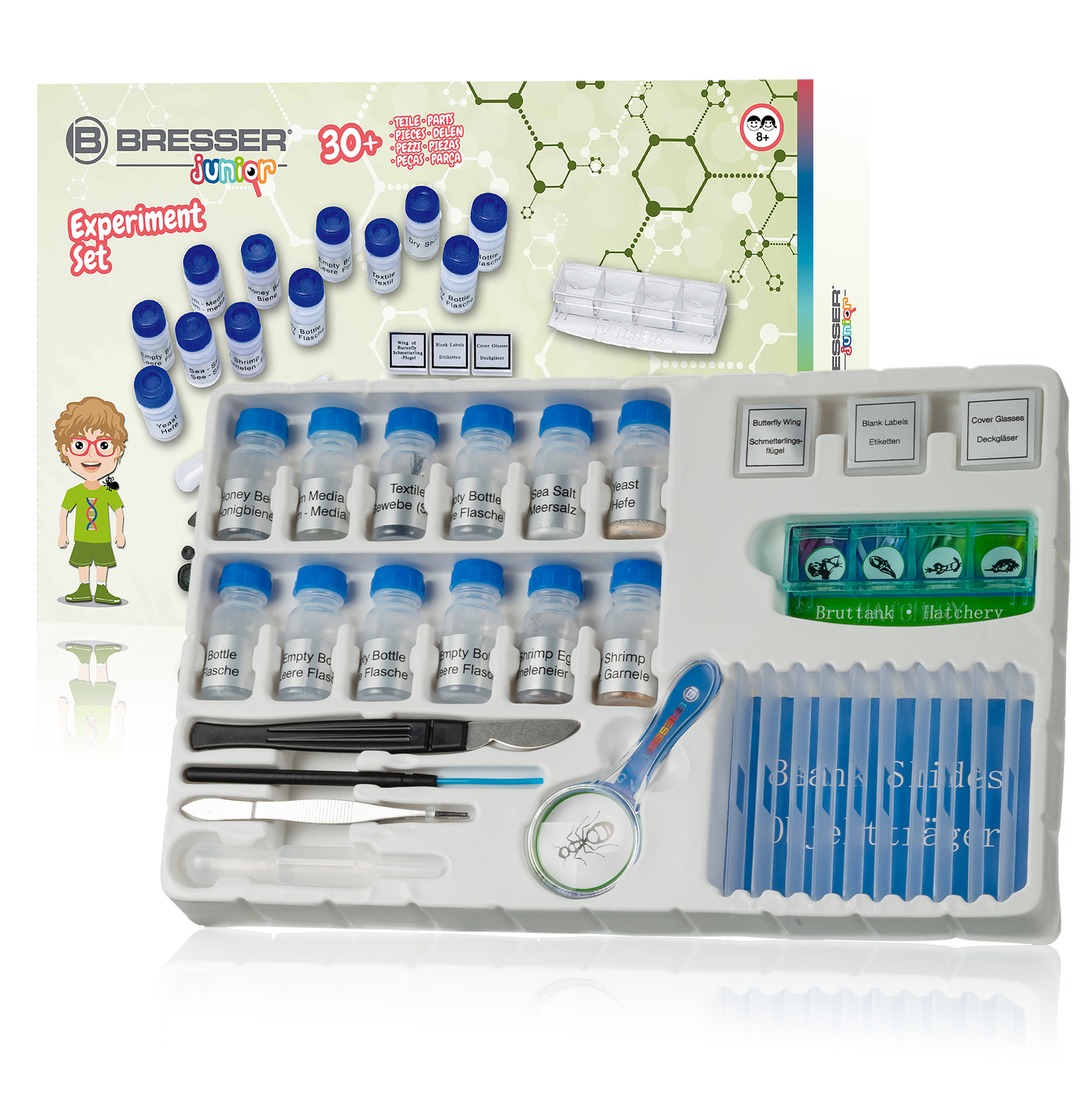 Set de experimentos con botellas, herramientas y una bandeja de diapositivas.