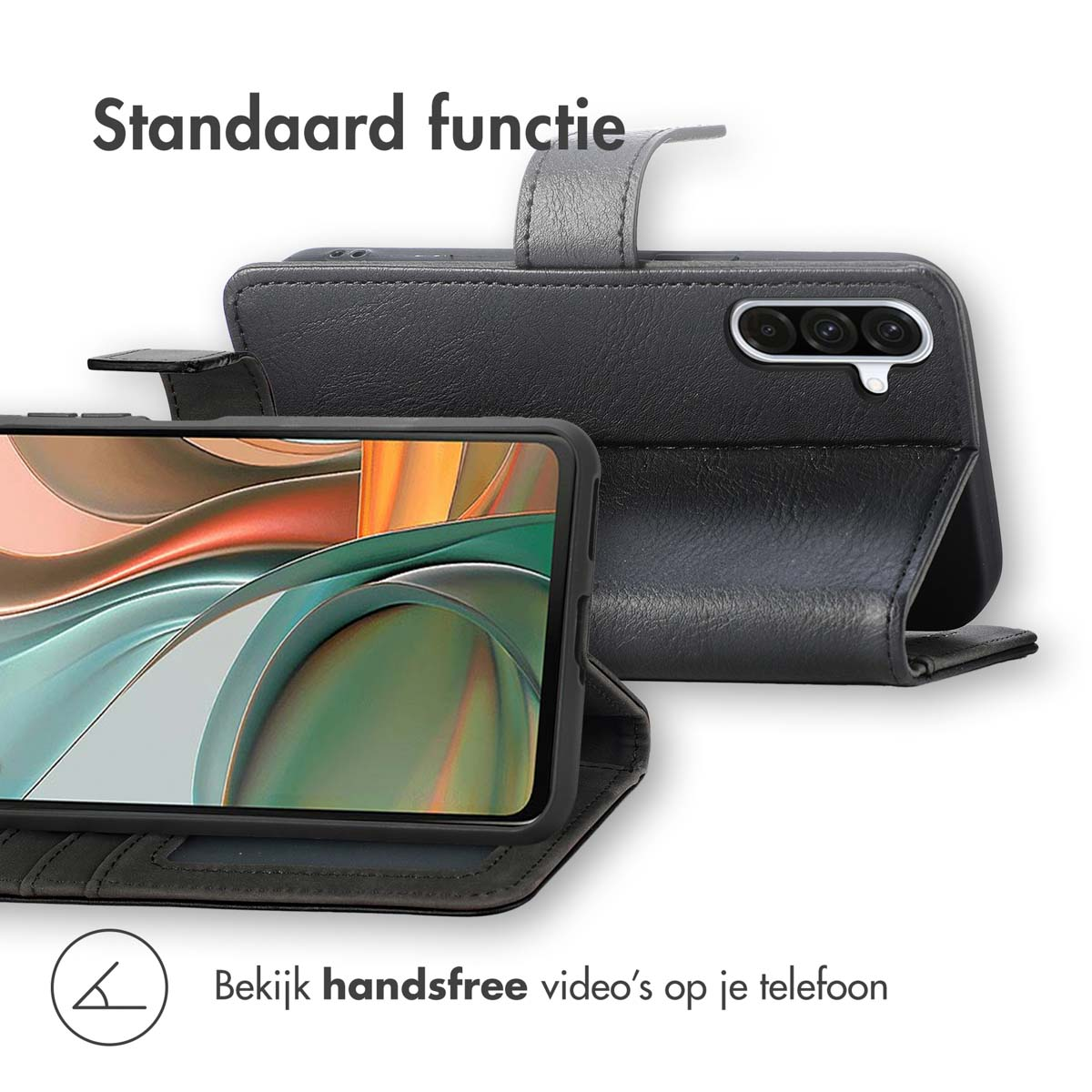 Coque de téléphone noire avec un téléphone. La coque est ouverte pour révéler l'écran du téléphone. Fond gris.