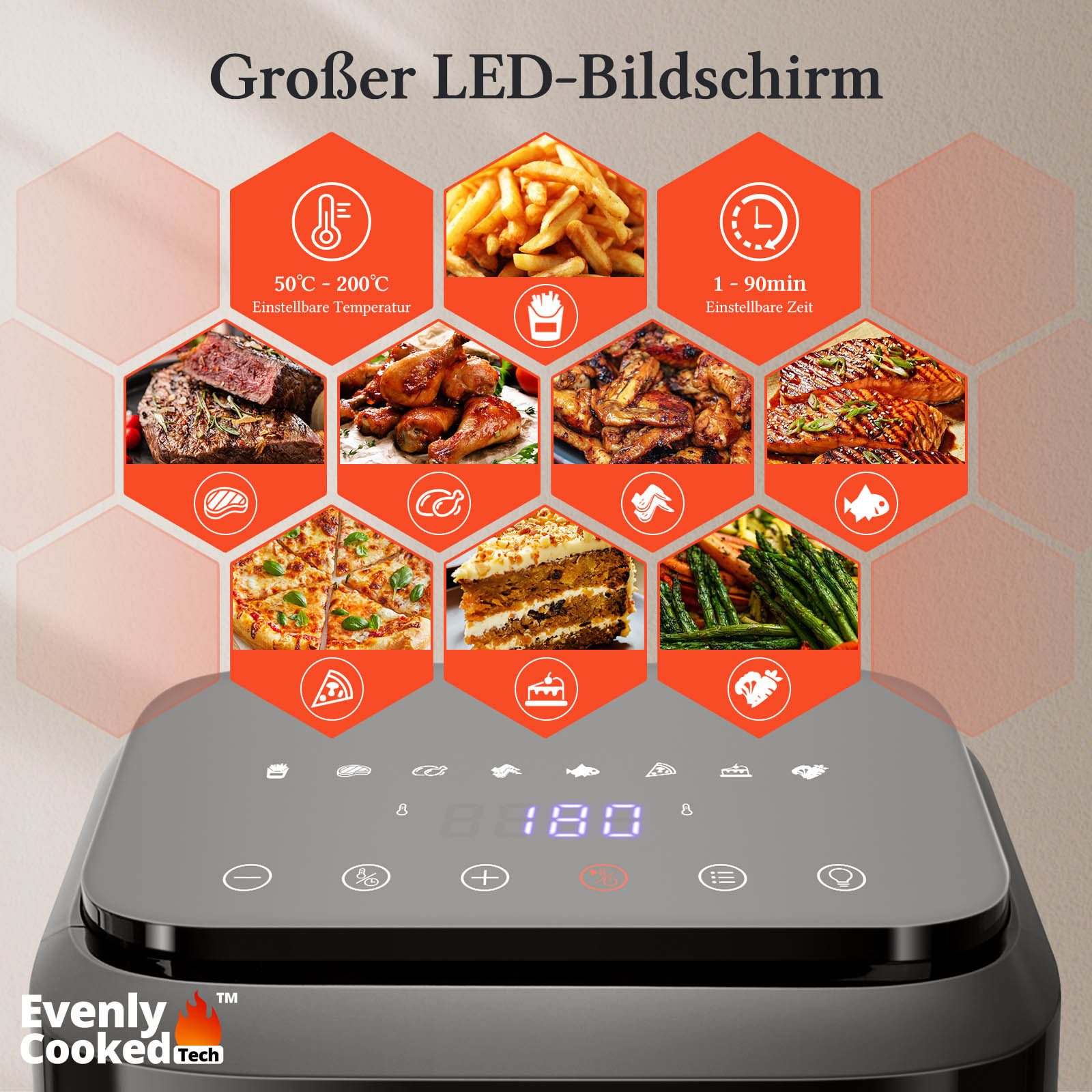 Una freidora de aire digital con iconos de alimentos y pantalla digital.