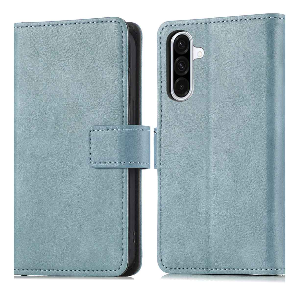 Blauwe telefoonhoes, gesloten, met een telefoon erin. De hoes is gesloten. Witte achtergrond.