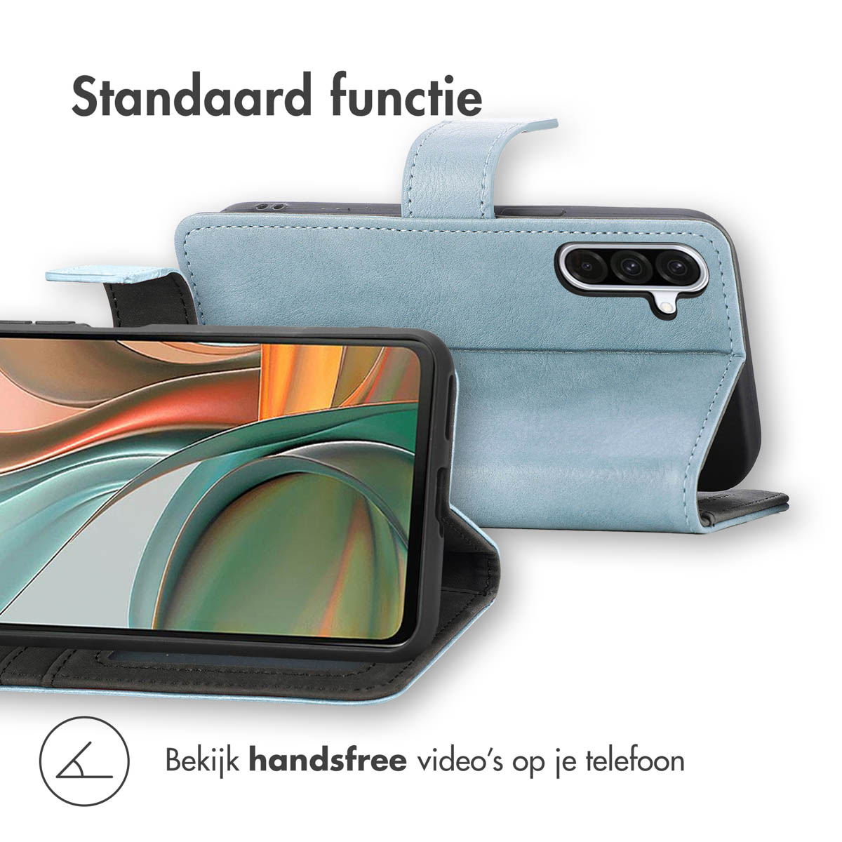 Blauwe telefoonhoes, open, met een telefoon erin. Tekst: 'Bekijk handsfree video's op je telefoon'.