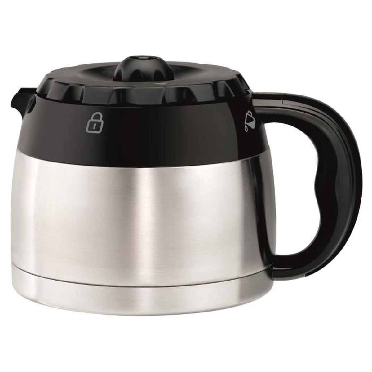 Caffettiera in acciaio inox. Ha un coperchio nero con un simbolo di lucchetto e un manico.