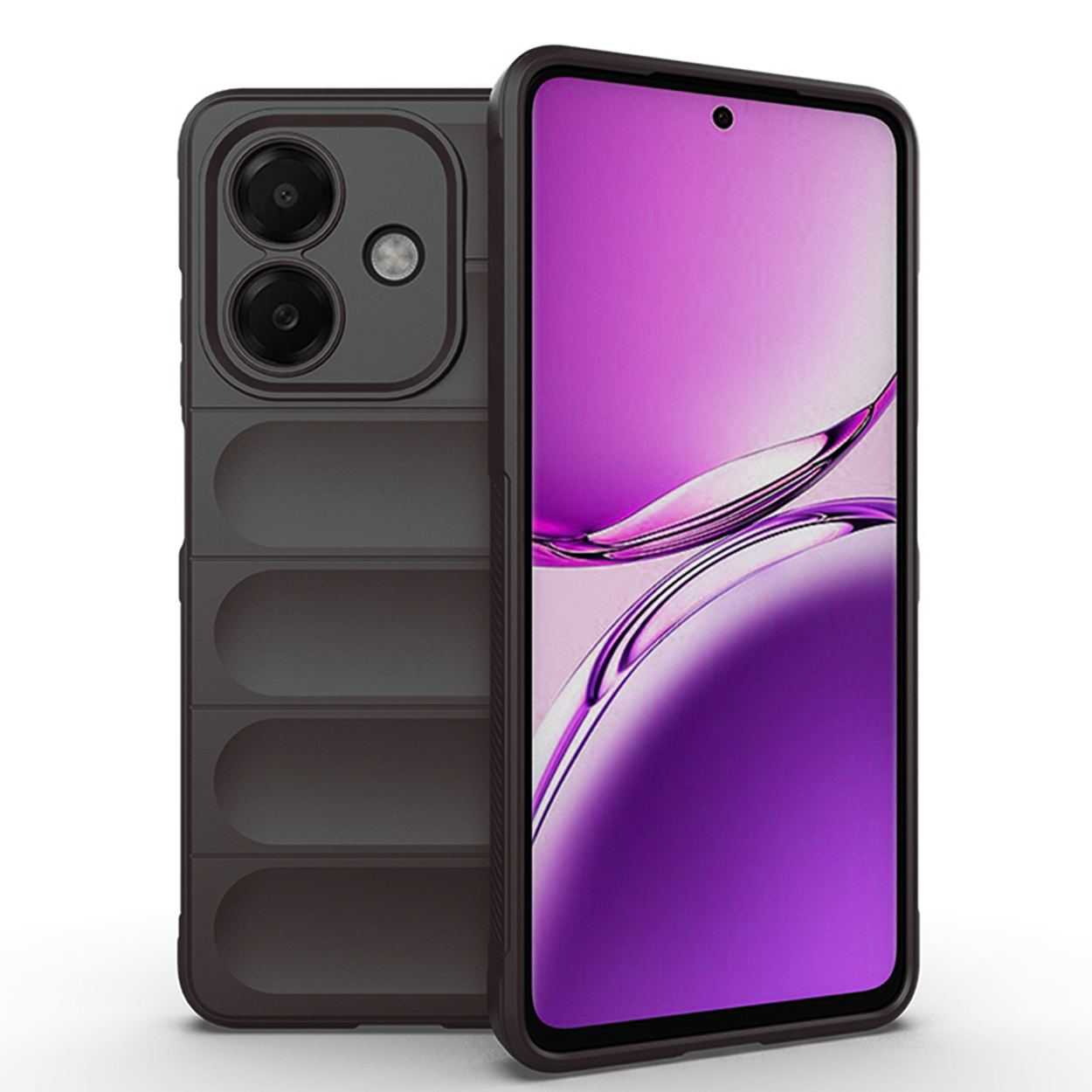Coque de téléphone gris foncé avec téléphone, avec bosse caméra.
