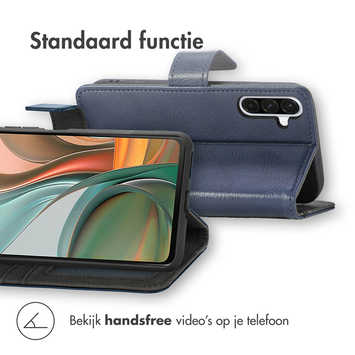 Blauw telefoonhoesje gesloten en open. Tekst luidt "Bekijk handsfree video's op je telefoon".