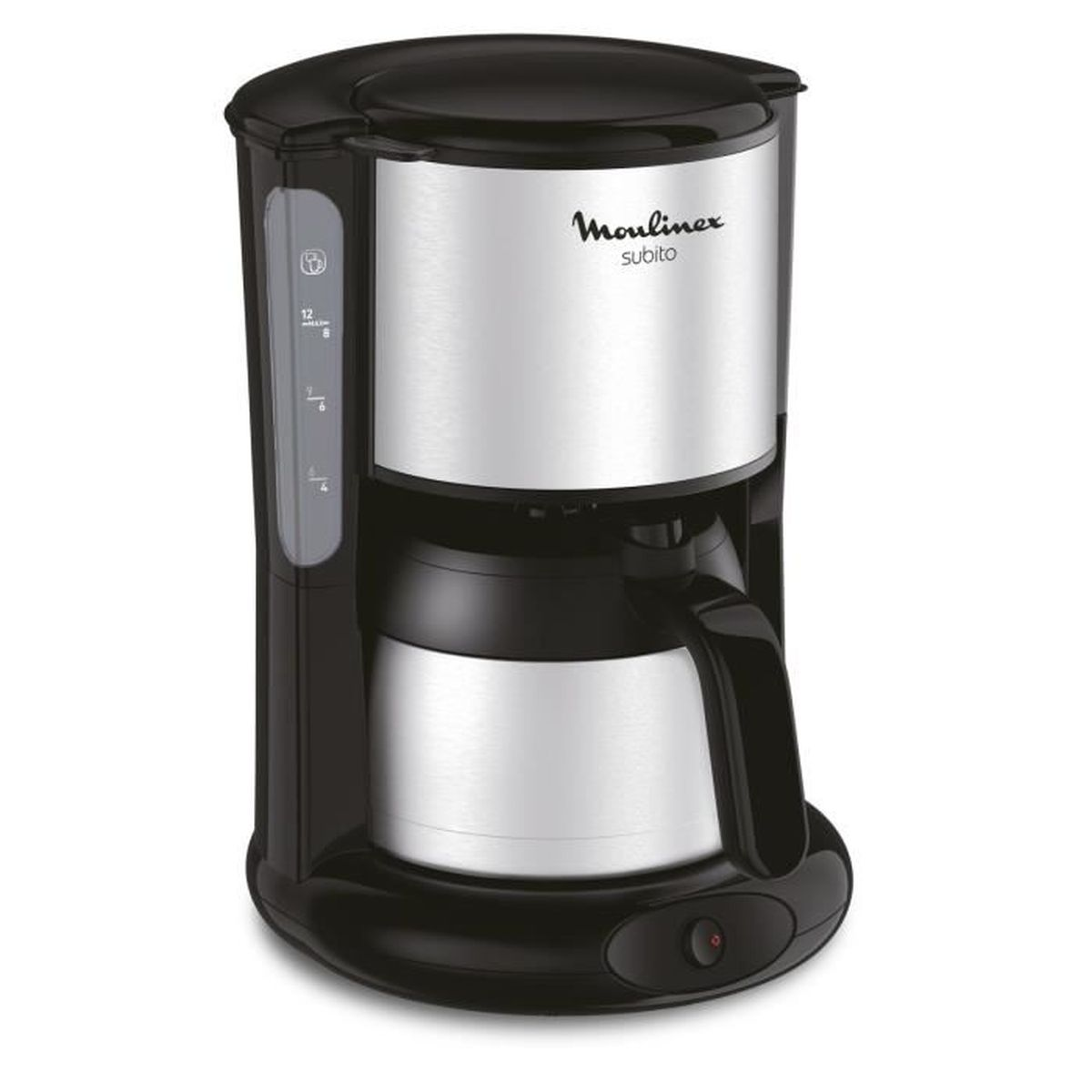 Macchina da caffè Moulinex nera e argento con indicatore del livello dell'acqua visibile.