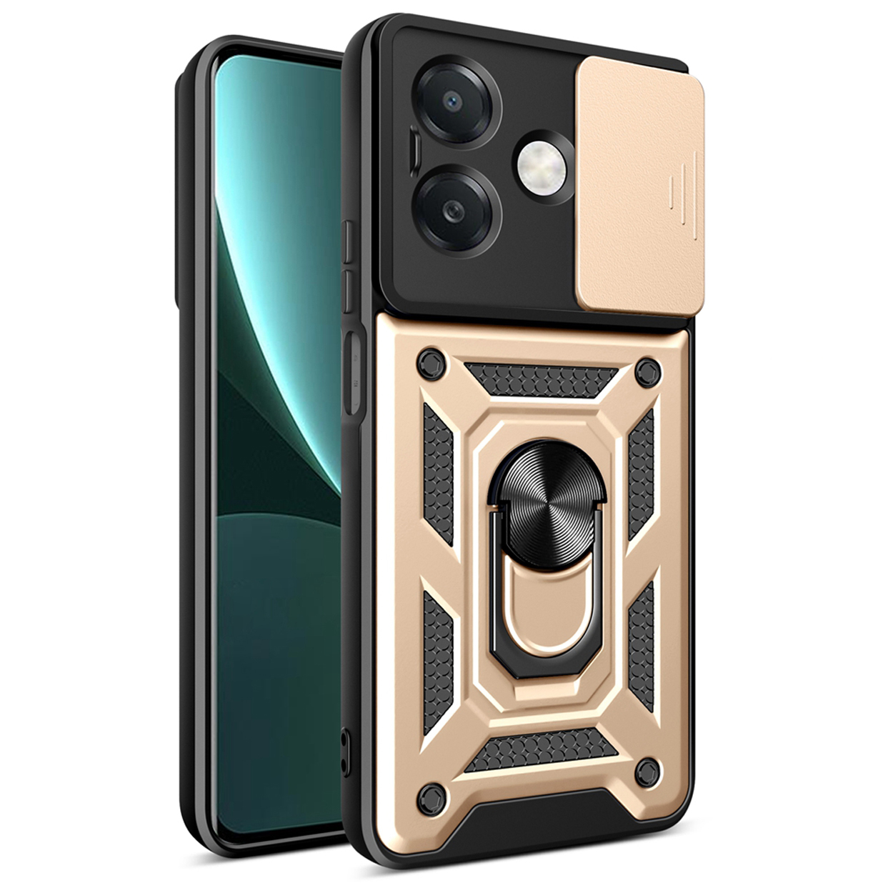 Goud en zwarte telefoonhoes, met een telefoon met een schuivende cameralens.