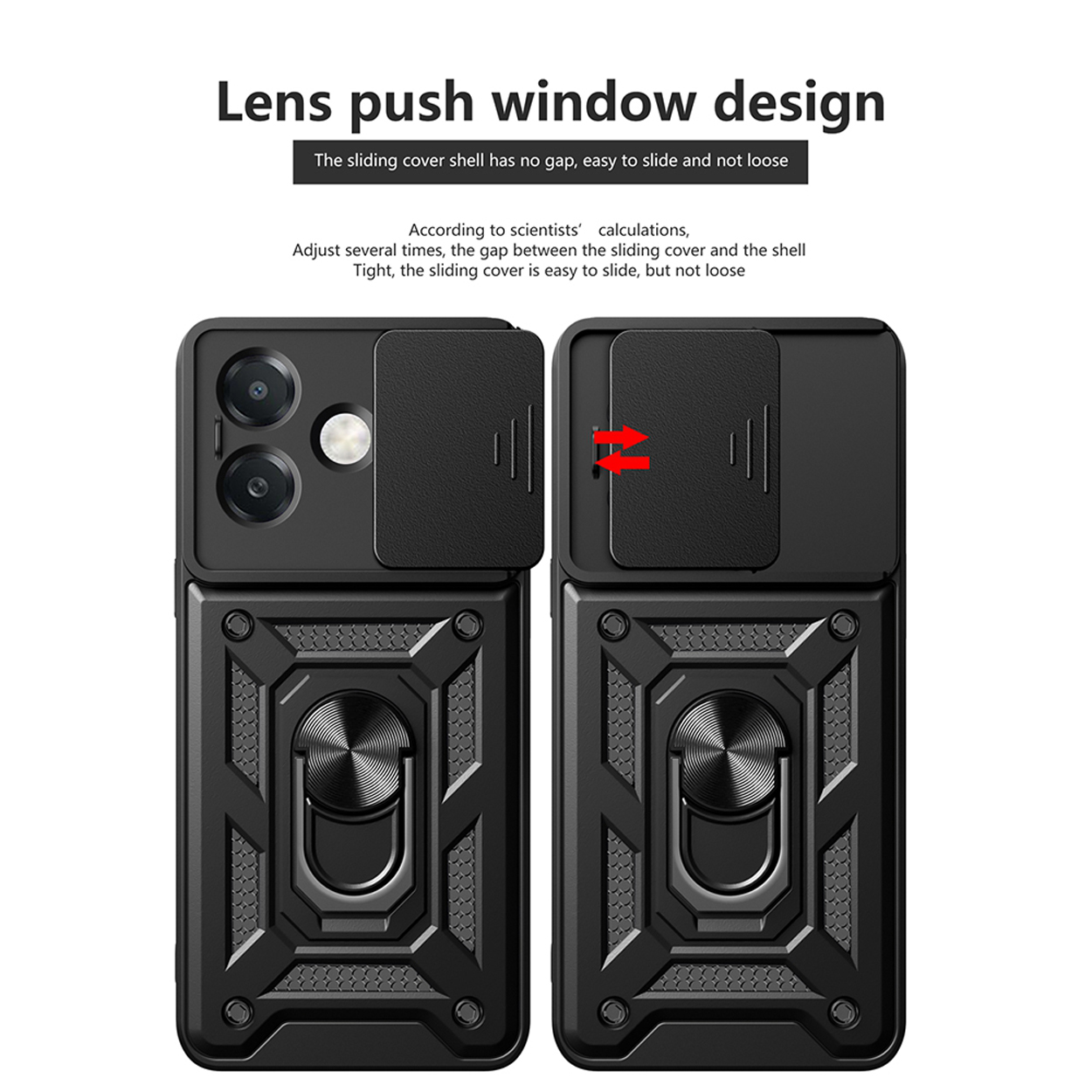 Twee telefoonhoesjes naast elkaar, die het schuifvensterontwerp voor de lens laten zien.