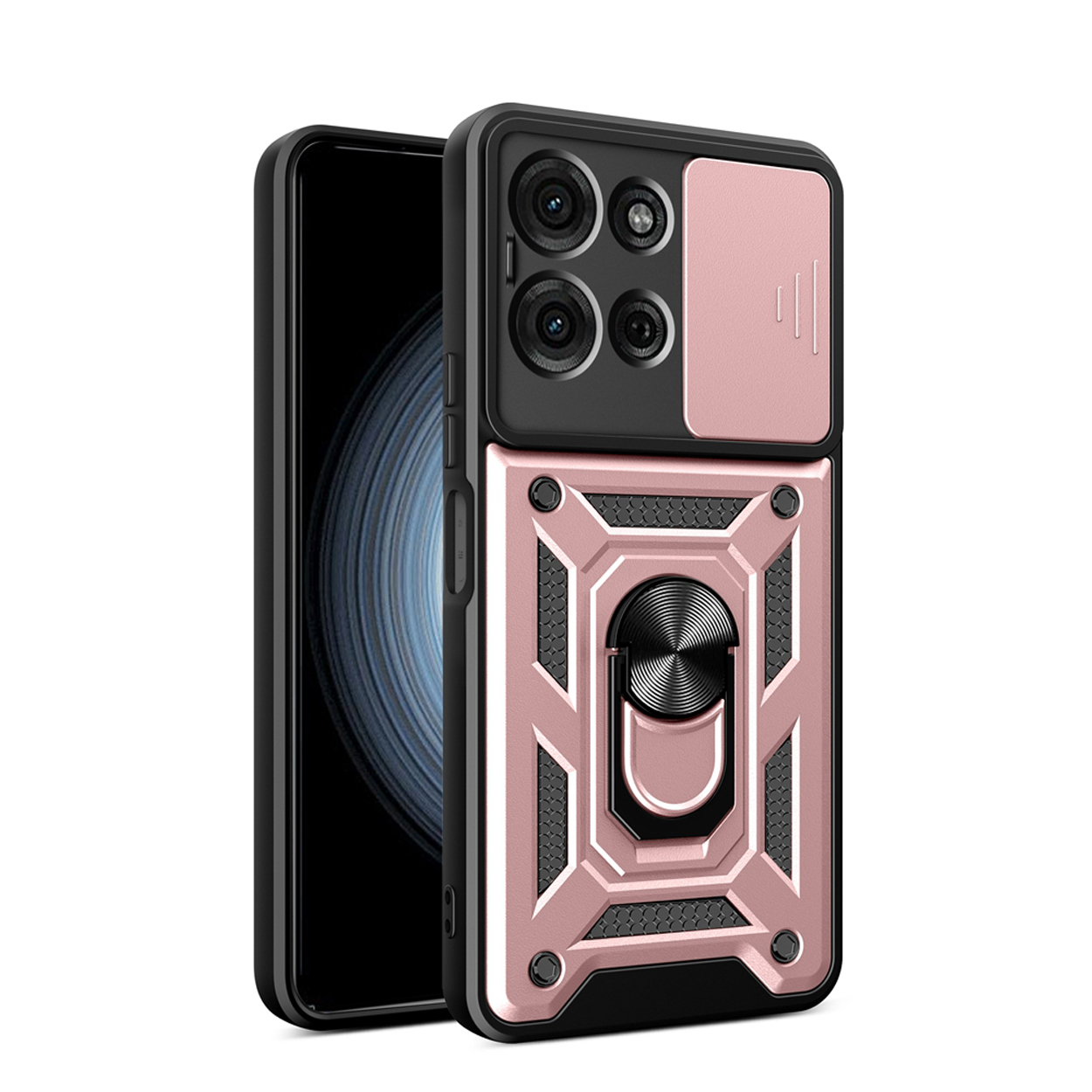Een telefoon met een roze hoes, ontworpen met een schuifbare cameralens en een ringhouder.