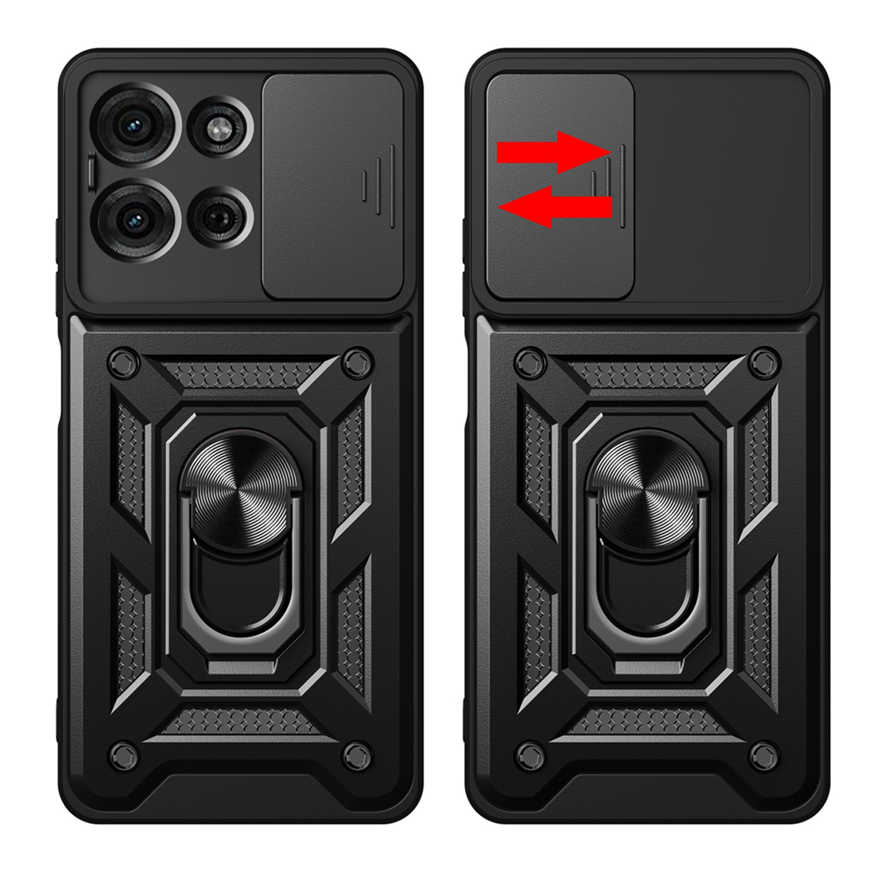Twee zwarte telefoonhoesjes, één open en één gesloten, die een cameralensafdekking tonen.