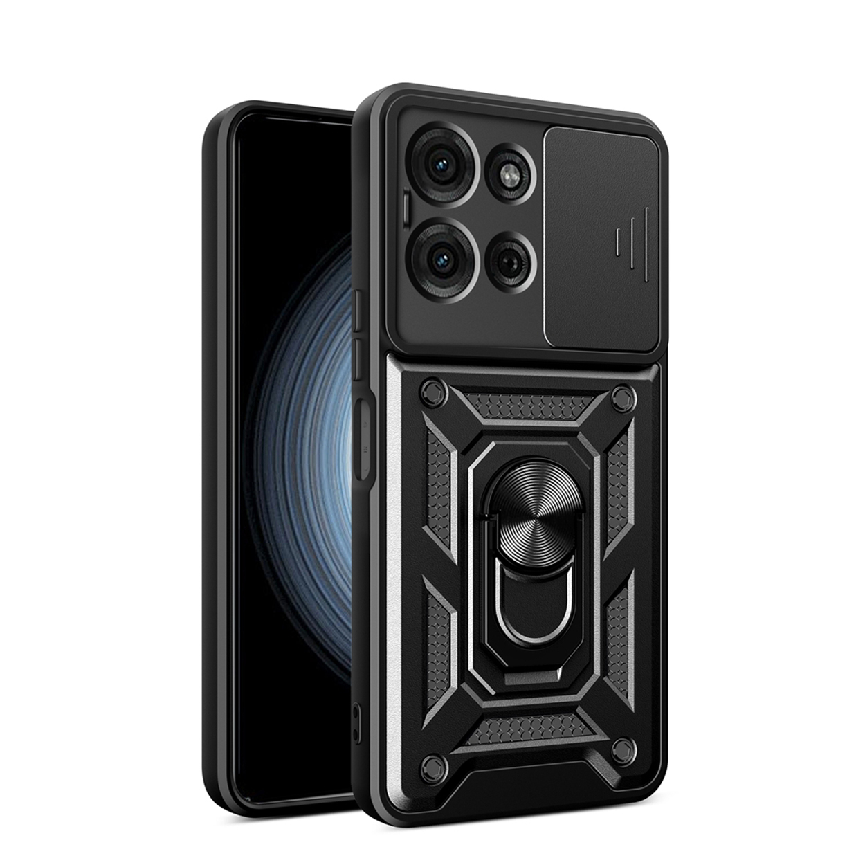 Coque de téléphone noire avec un cache caméra coulissant. Le téléphone est à l'intérieur.