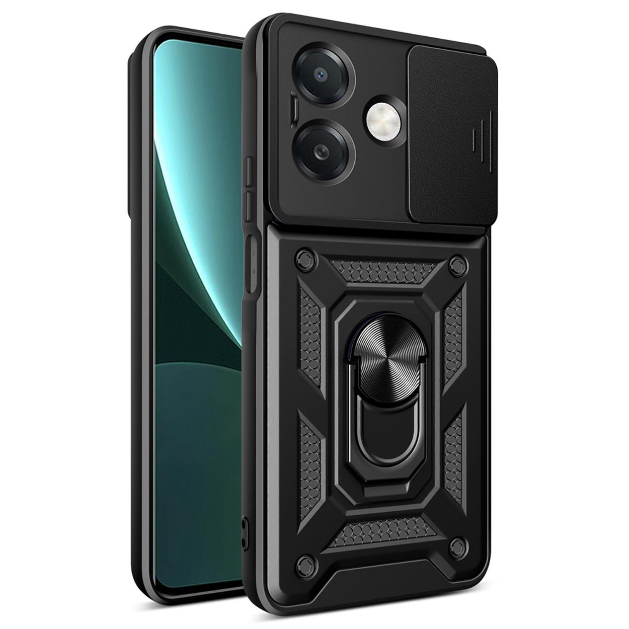 Zwarte telefoonhoes met cameralensafdekking, ringhouder en een textuurontwerp.