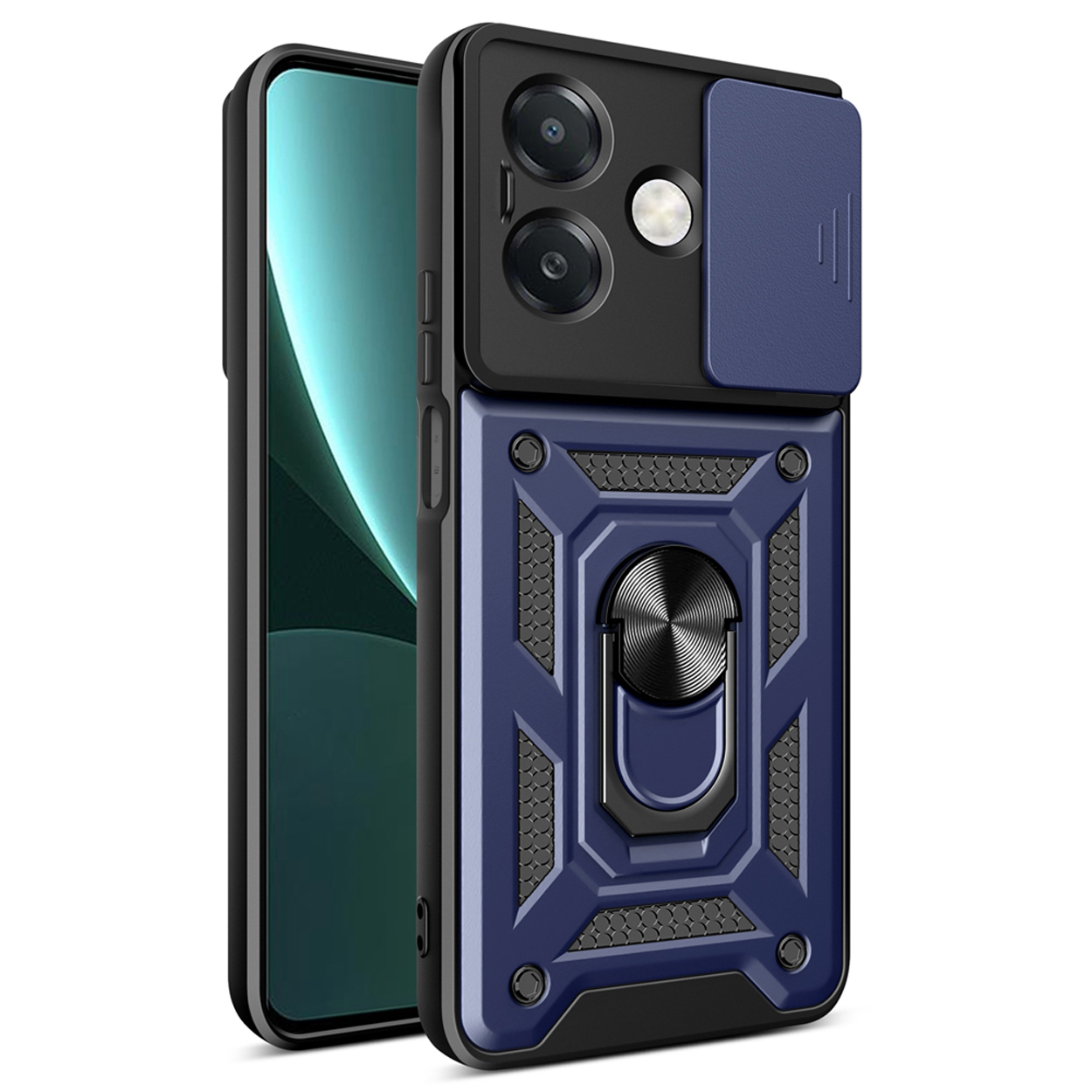 Telefoon met blauwe en zwarte hoes. De hoes heeft een ring en een cameralensafdekking.