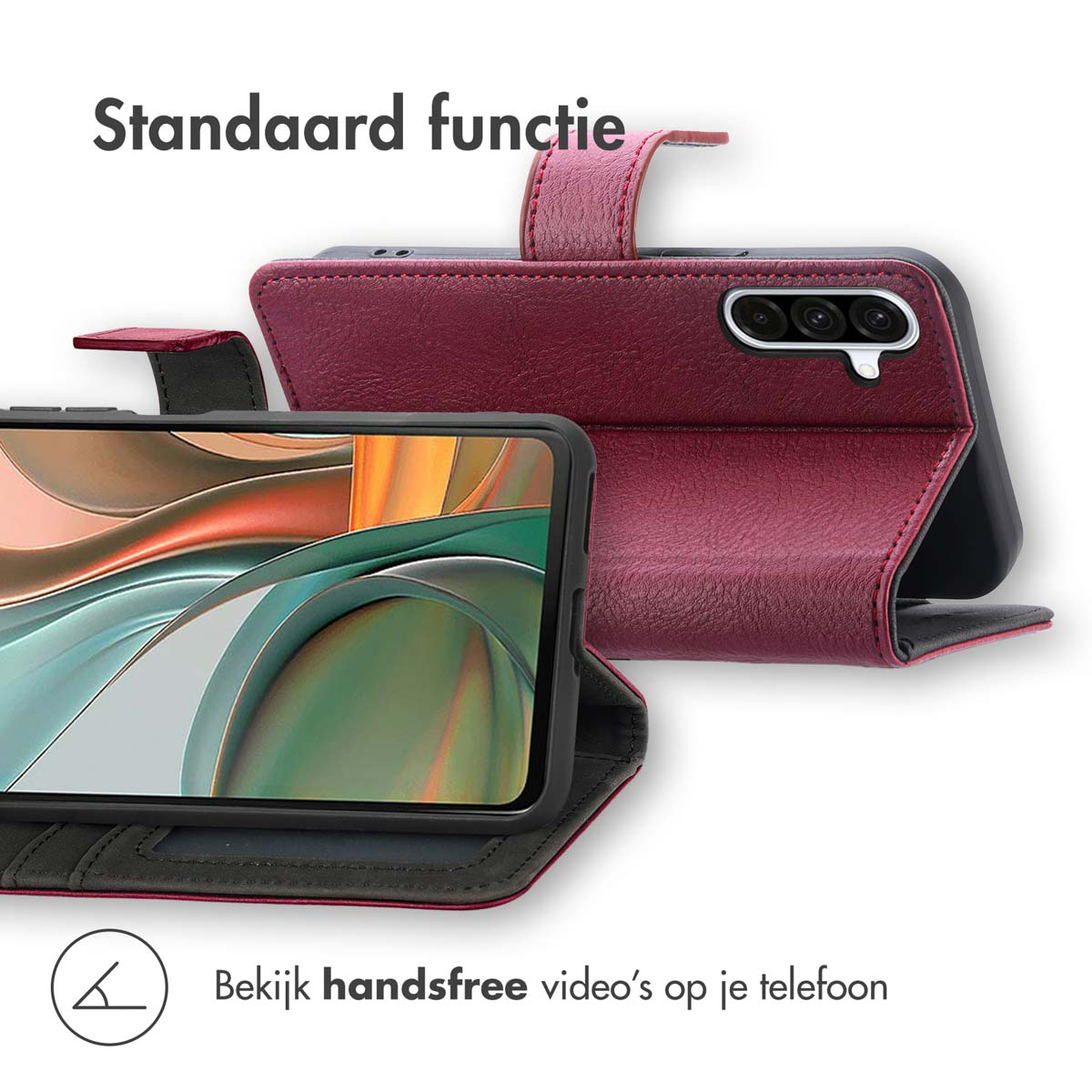 Rood telefoonhoesje gesloten en open. Tekst luidt "Bekijk handsfree video's op je telefoon".