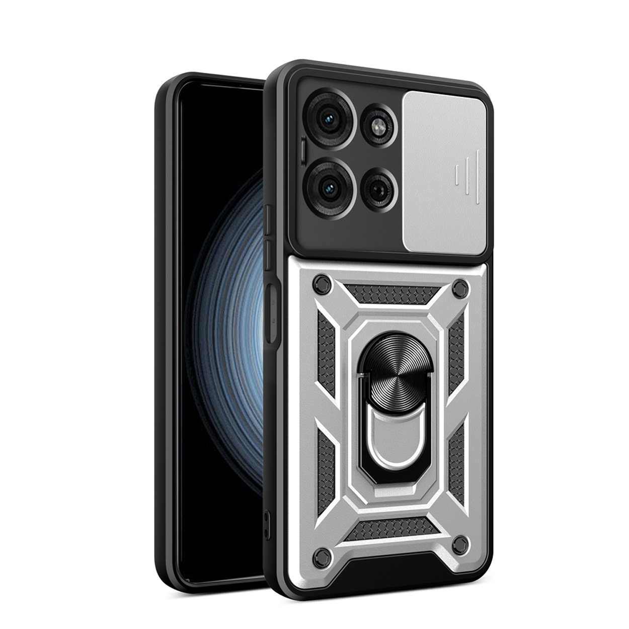 Coque argentée et noire avec protection caméra et anneau.