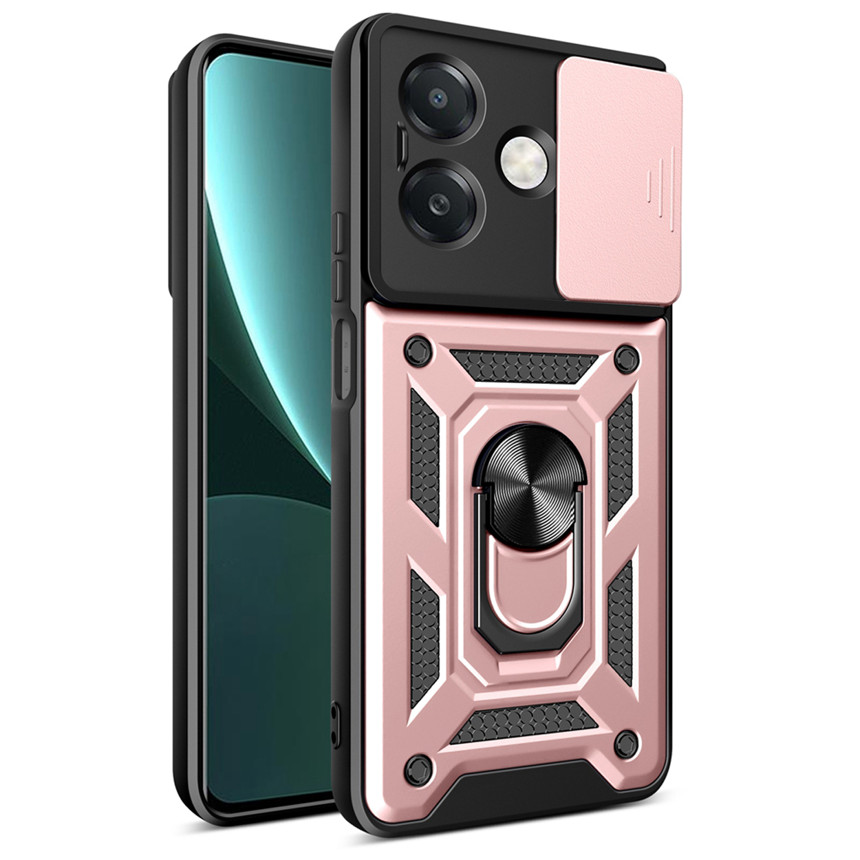 Een roze en zwarte telefoonhoes met een ringhouder en een cameralensafdekking, op een witte achtergrond.