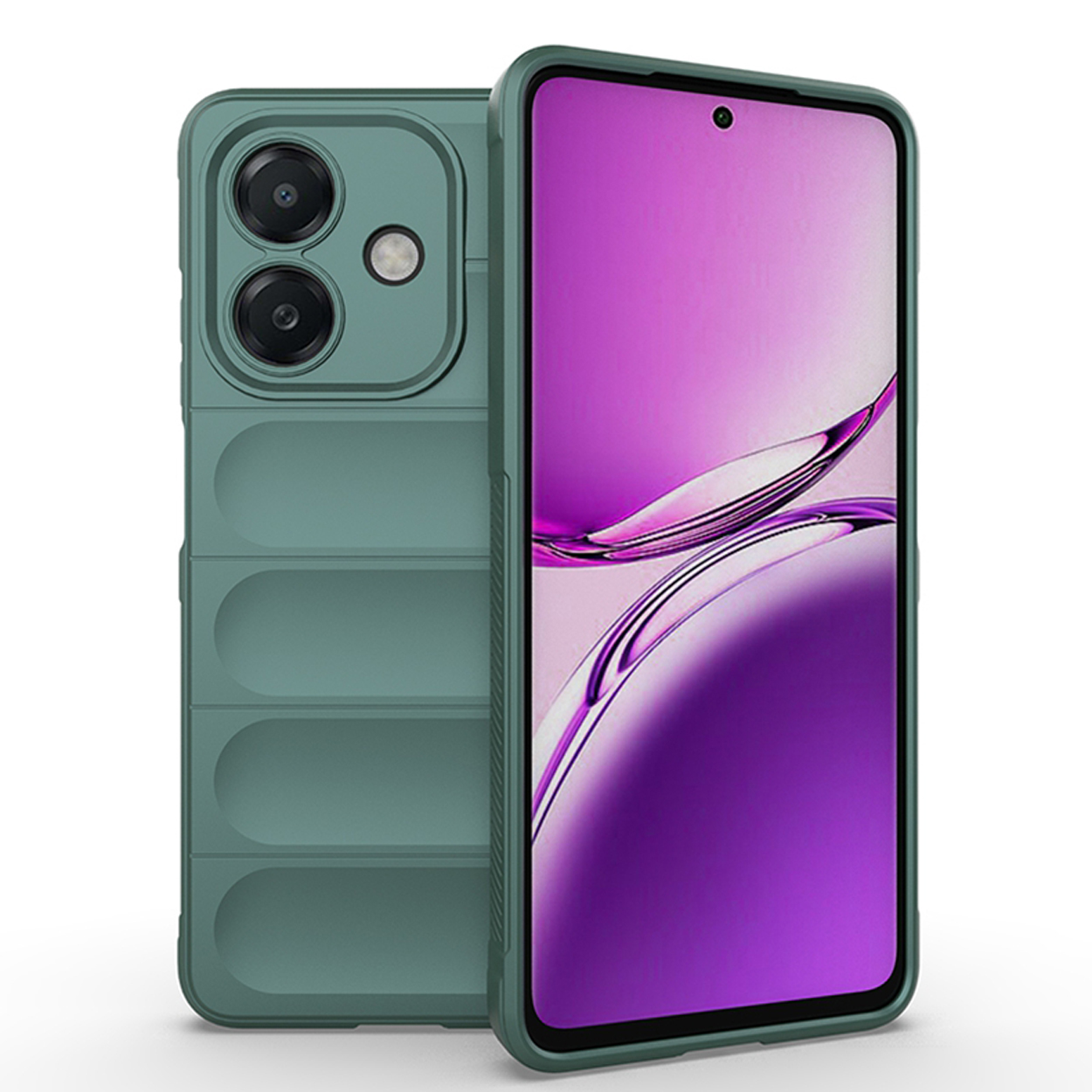 Coque de téléphone verte avec un téléphone à l'intérieur. La coque a une conception protectrice.