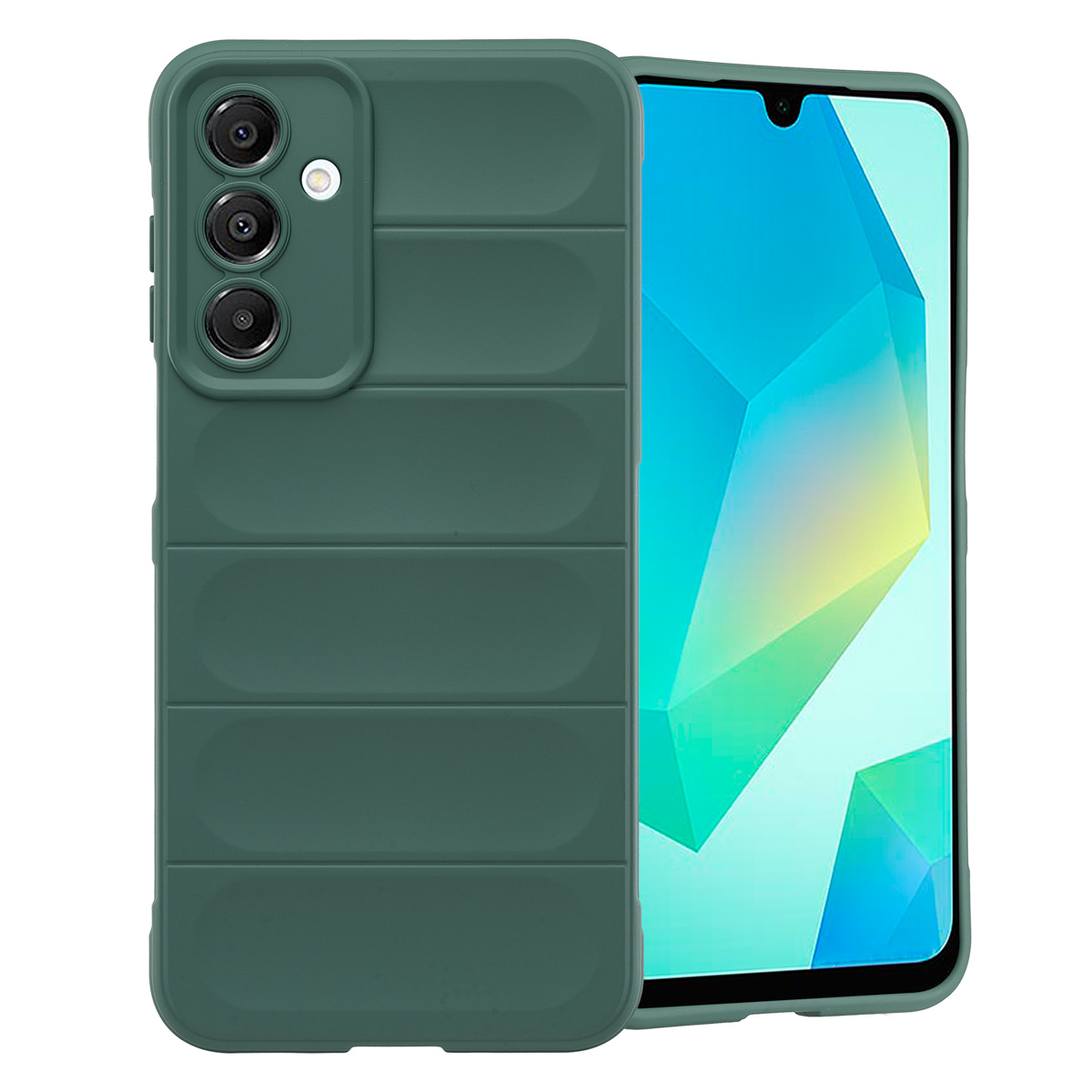 Coque de téléphone verte avec un téléphone à l'intérieur. La coque a un design texturé. Triple caméra.