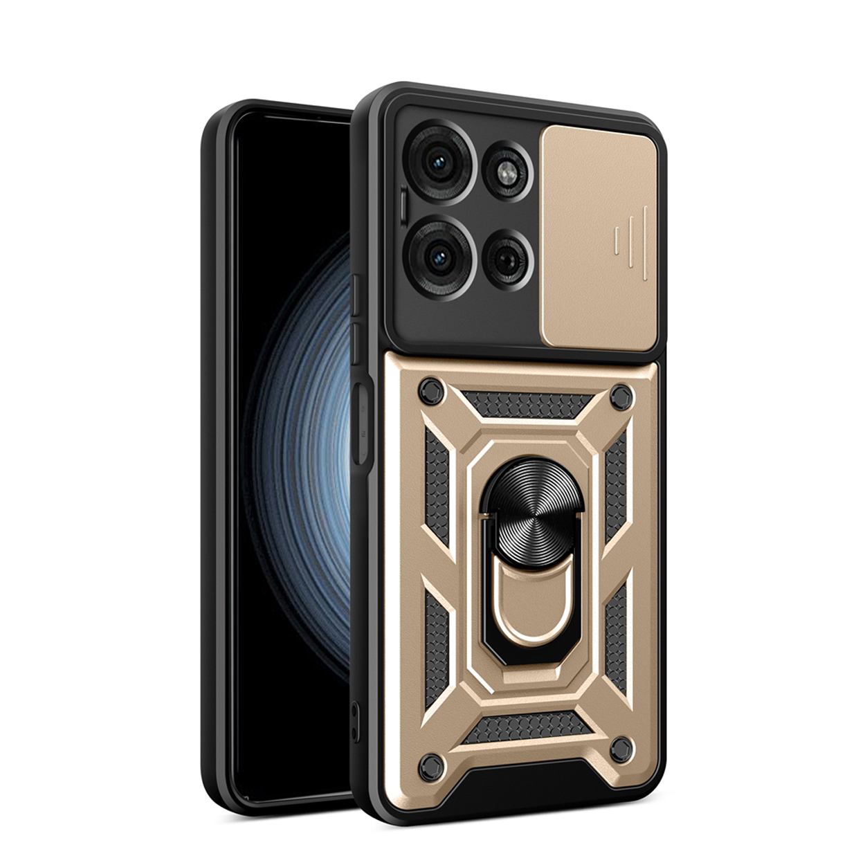 Telefoonhoesje met gouden accenten, camerabeschermer en ringhouder. Zwarte telefoon links zichtbaar.
