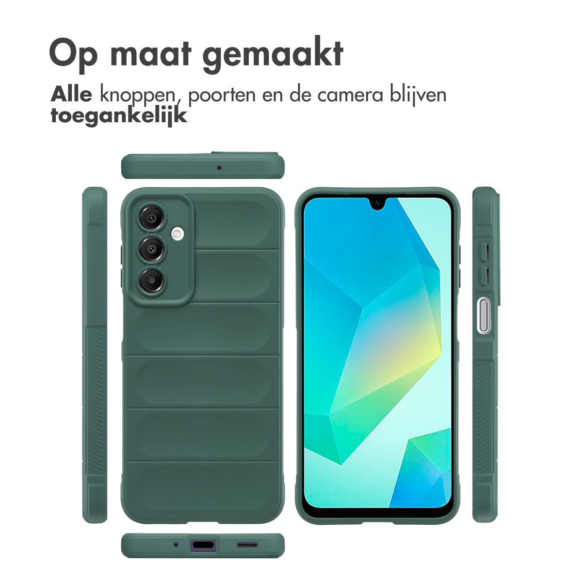 Coque de téléphone verte avec un téléphone à l'intérieur. Plusieurs angles de la coque sont montrés.