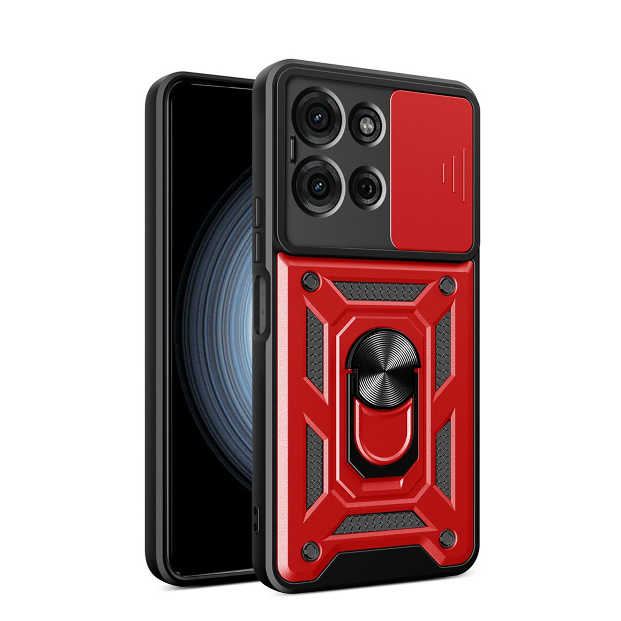 Rode en zwarte telefoonhoes met cameralensafdekking, ringhouder en telefoon. Witte achtergrond.