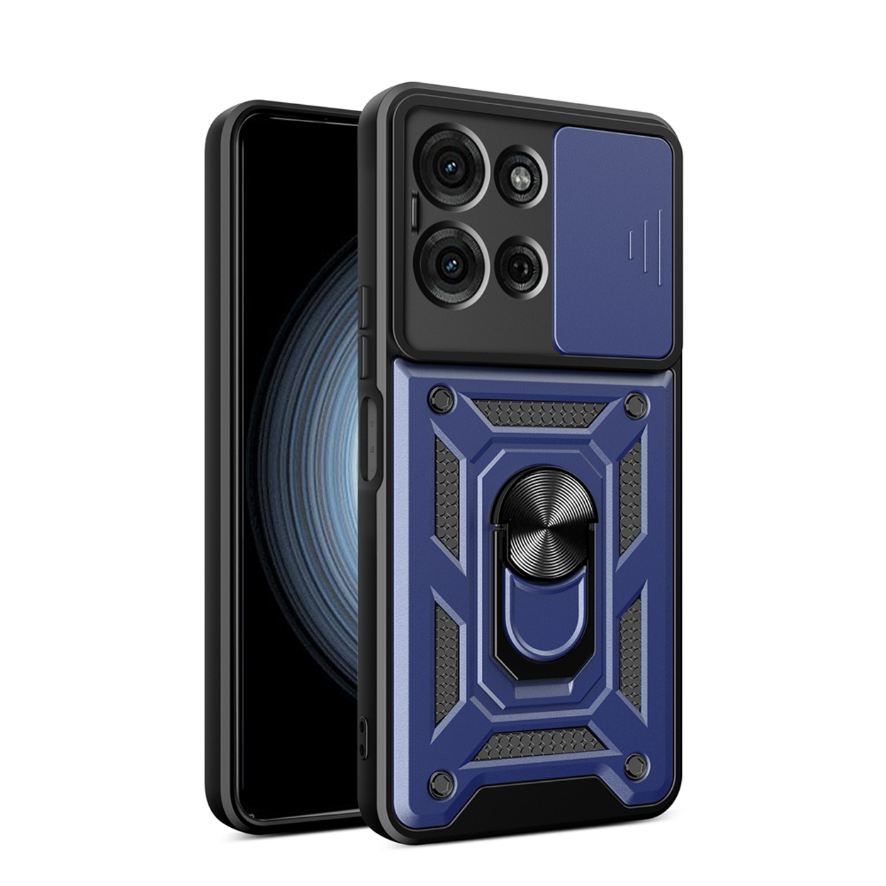 Telefoon met een blauwe en zwarte hoes met een cameralensafdekking en een ringhouder.