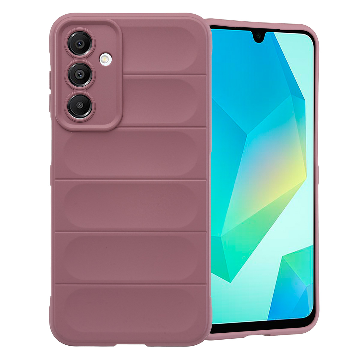 Paarse telefoonhoes met drievoudige camera en een telefoon met een blauw en wit scherm.