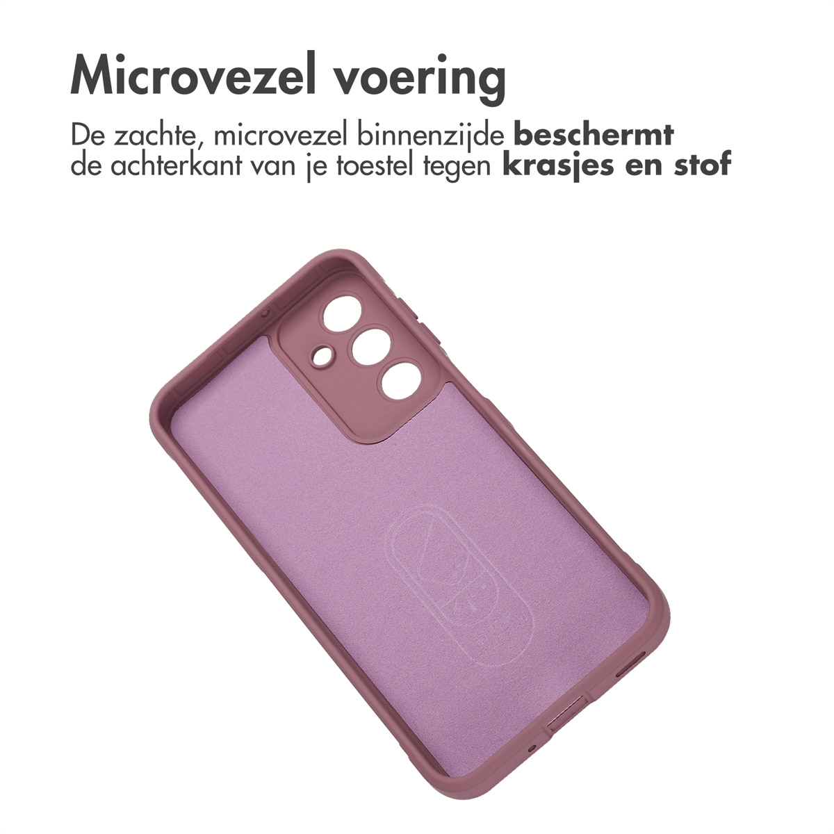 Paarse telefoonhoes binnenkant met een zachte voering. De hoes is open.