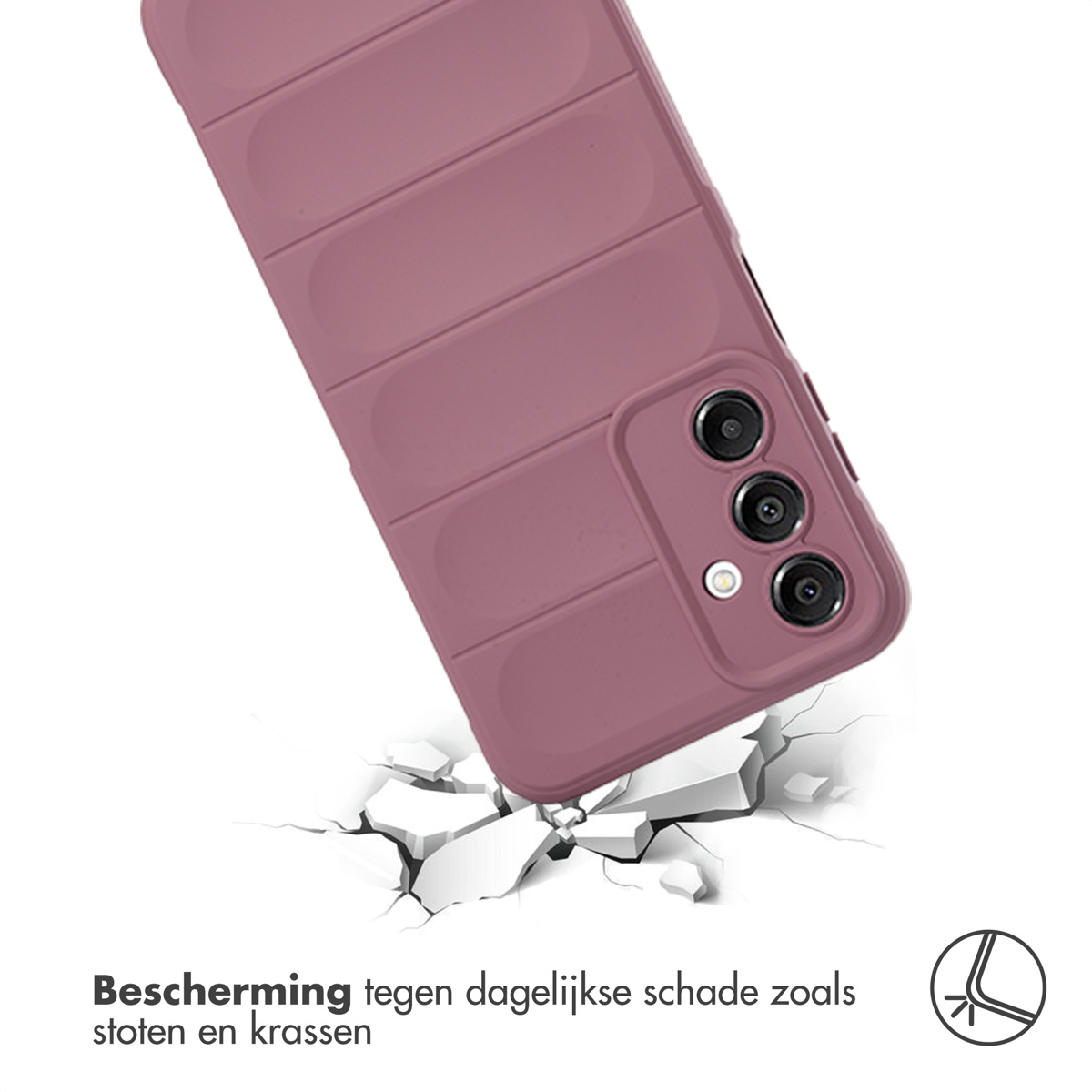 Een roze telefoonhoesje, met een afbeelding van gebroken beton. Tekst in het Nederlands.