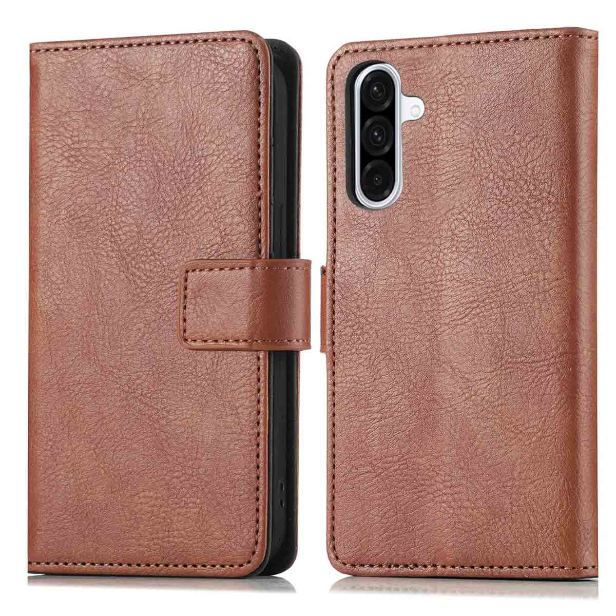 Bruin telefoonhoesje dat open is. De binnenkant van de case is zichtbaar.