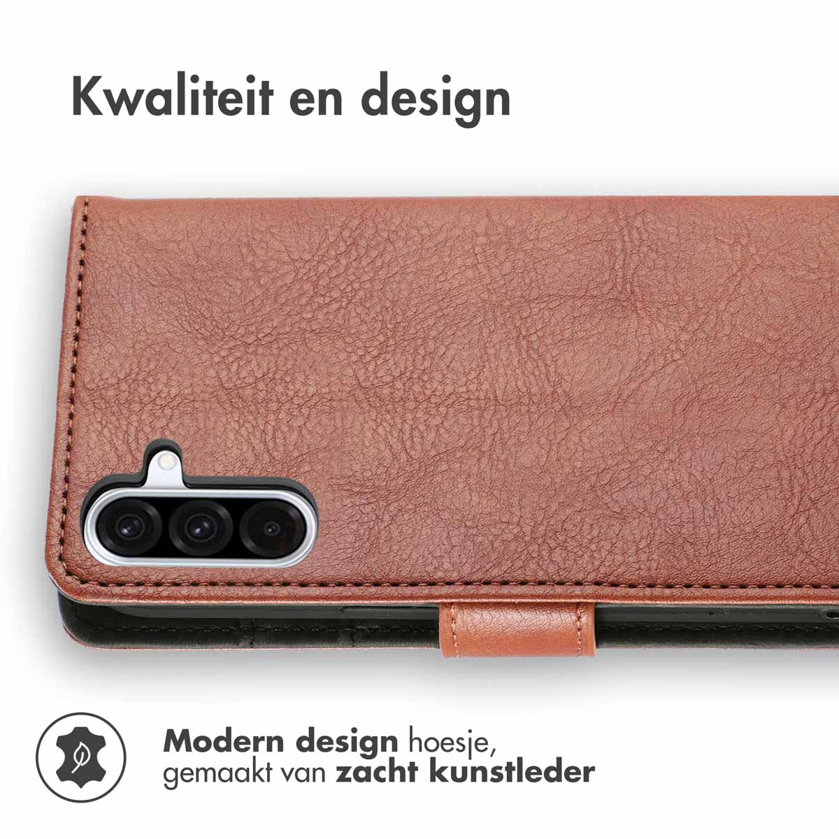 Een bruine leren telefoonhoes, met tekst over modern design en zacht kunstleer.