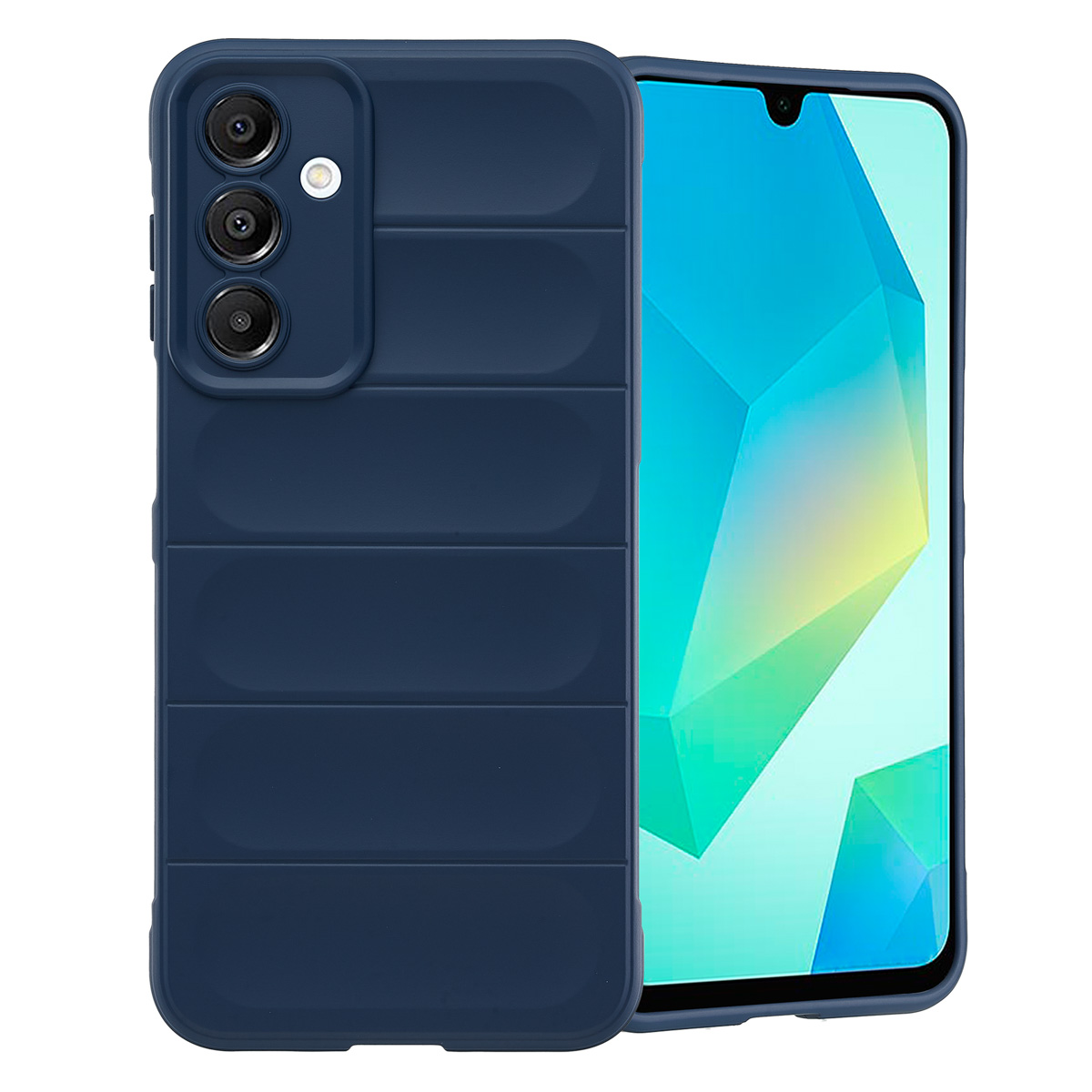 Marineblauwe telefoonhoes met camerabeschermer en telefoon met blauw scherm op witte achtergrond.