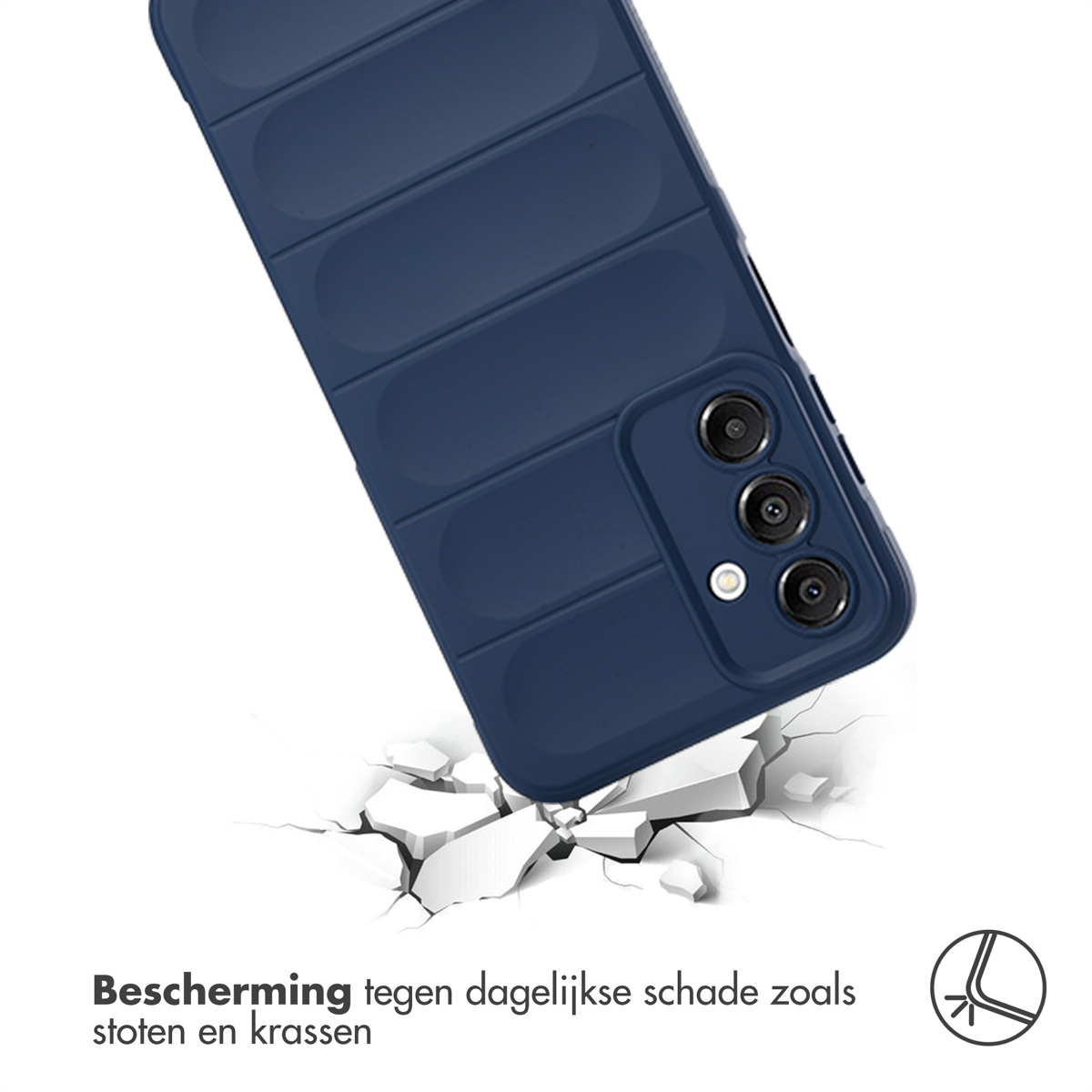 Een blauwe telefoonhoes, met een afbeelding van gebroken beton. Tekst in het Nederlands.
