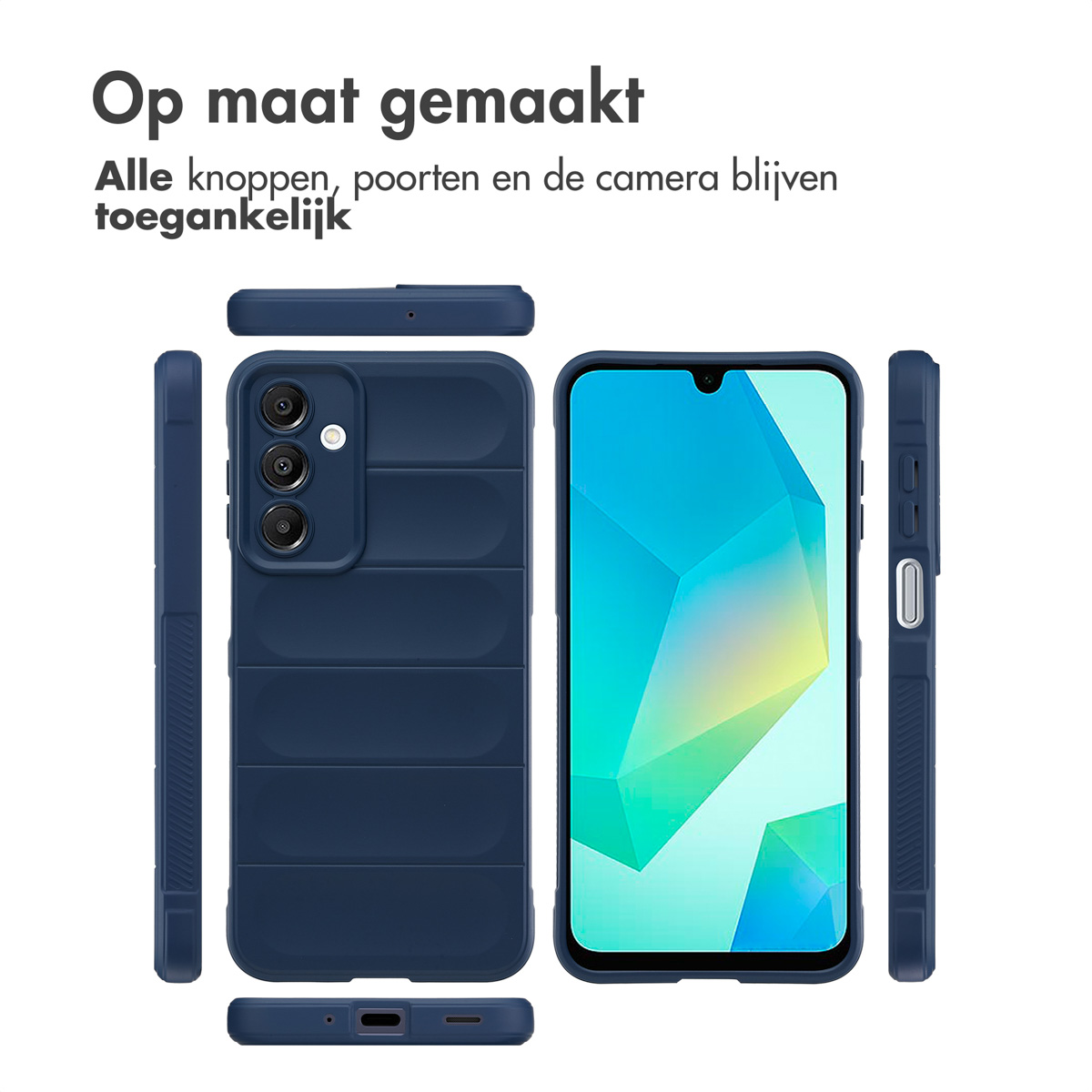 Marineblauwe telefoonhoes, met verschillende weergaven, de telefoon erin.