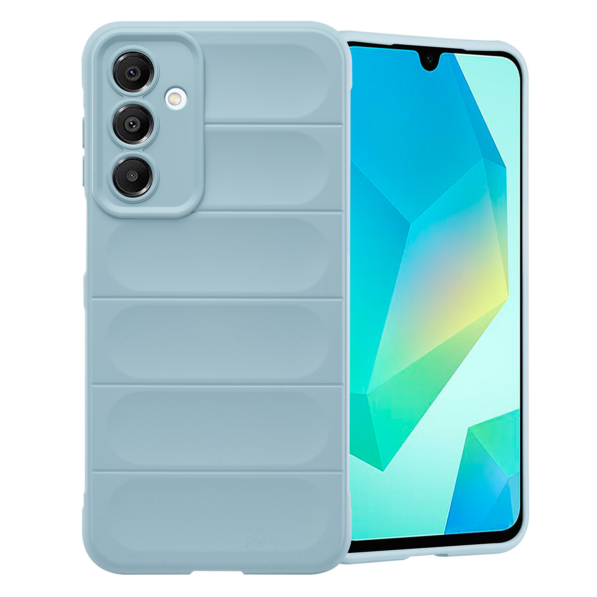 Lichtblauwe telefoonhoes met horizontale lijnen, naast een telefoon met een helder scherm.