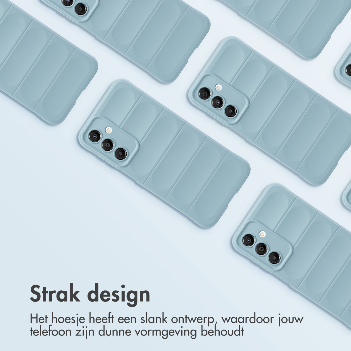 Blauwe telefoonhoesjes, met telefoons erin, gerangschikt in een rasterpatroon.
