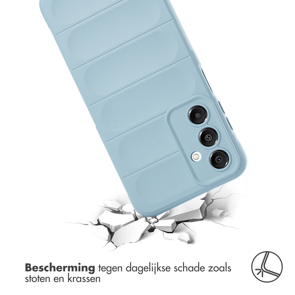 Een lichtblauwe telefoonhoes met horizontale lijnen op gebarsten grond, tekst over bescherming.