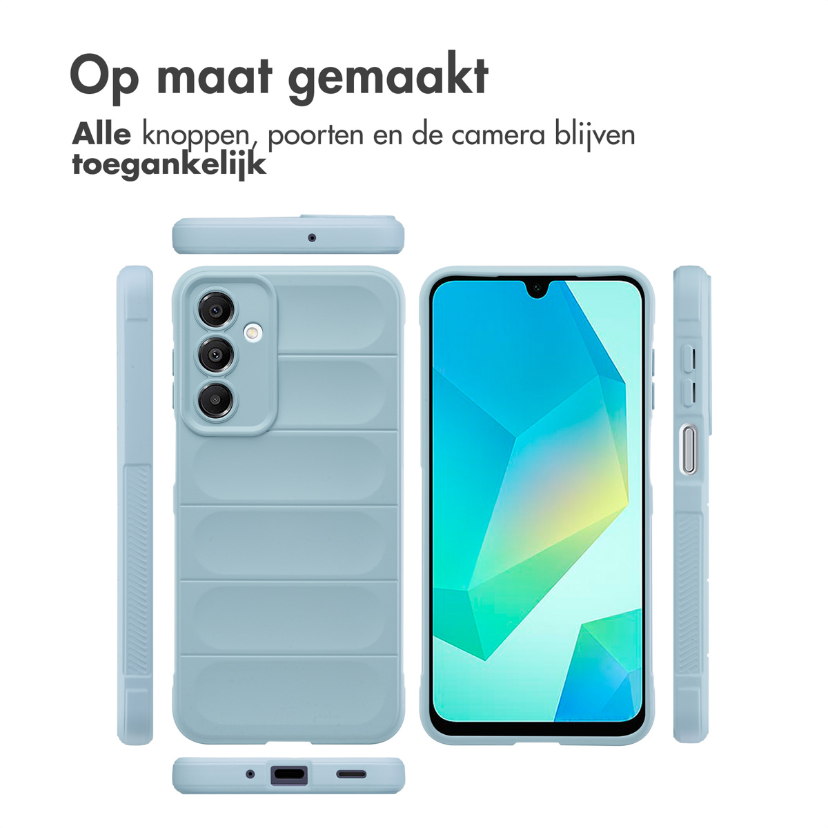 Blauwe telefoonhoes met een telefoon. De telefoonhoes wordt vanuit verschillende hoeken getoond.
