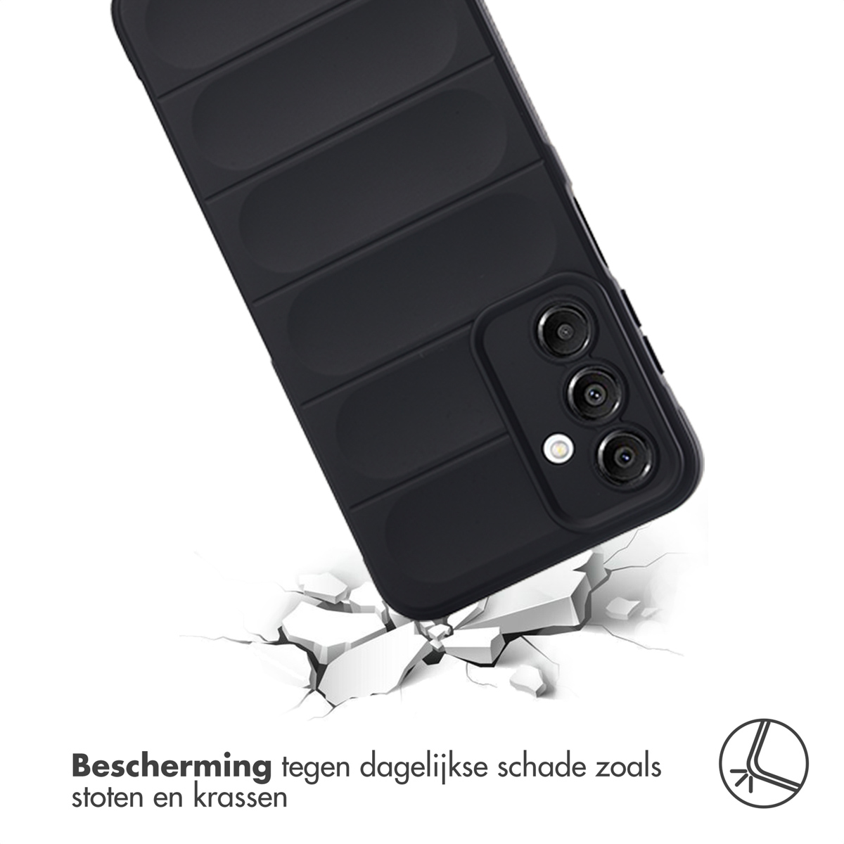 Zwart telefoonhoesje op witte grond. Absorbeert schokken en beschermt.