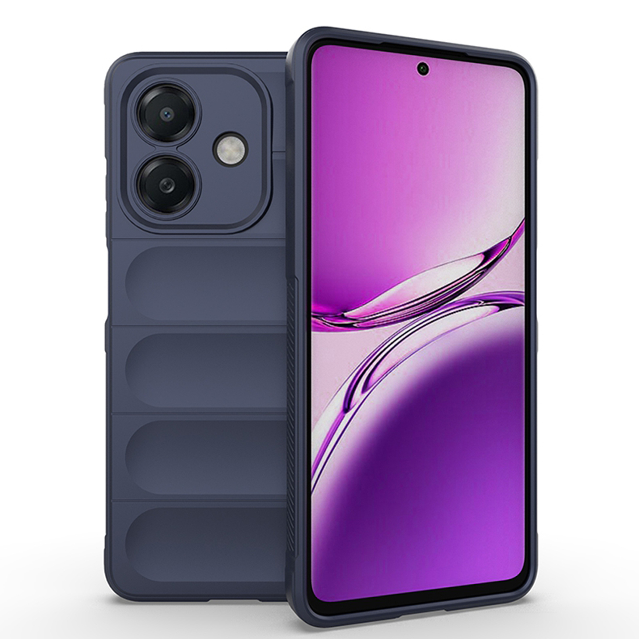Téléphone avec une coque bleu foncé. Le téléphone possède un système de caméra et un écran.