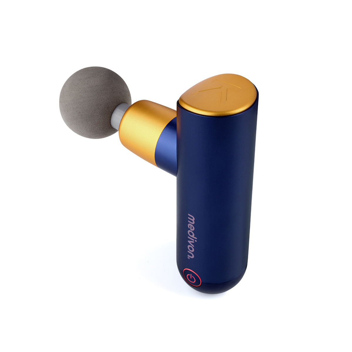 Eine marineblaue und goldene Massagepistole mit grauem Massagekopf.