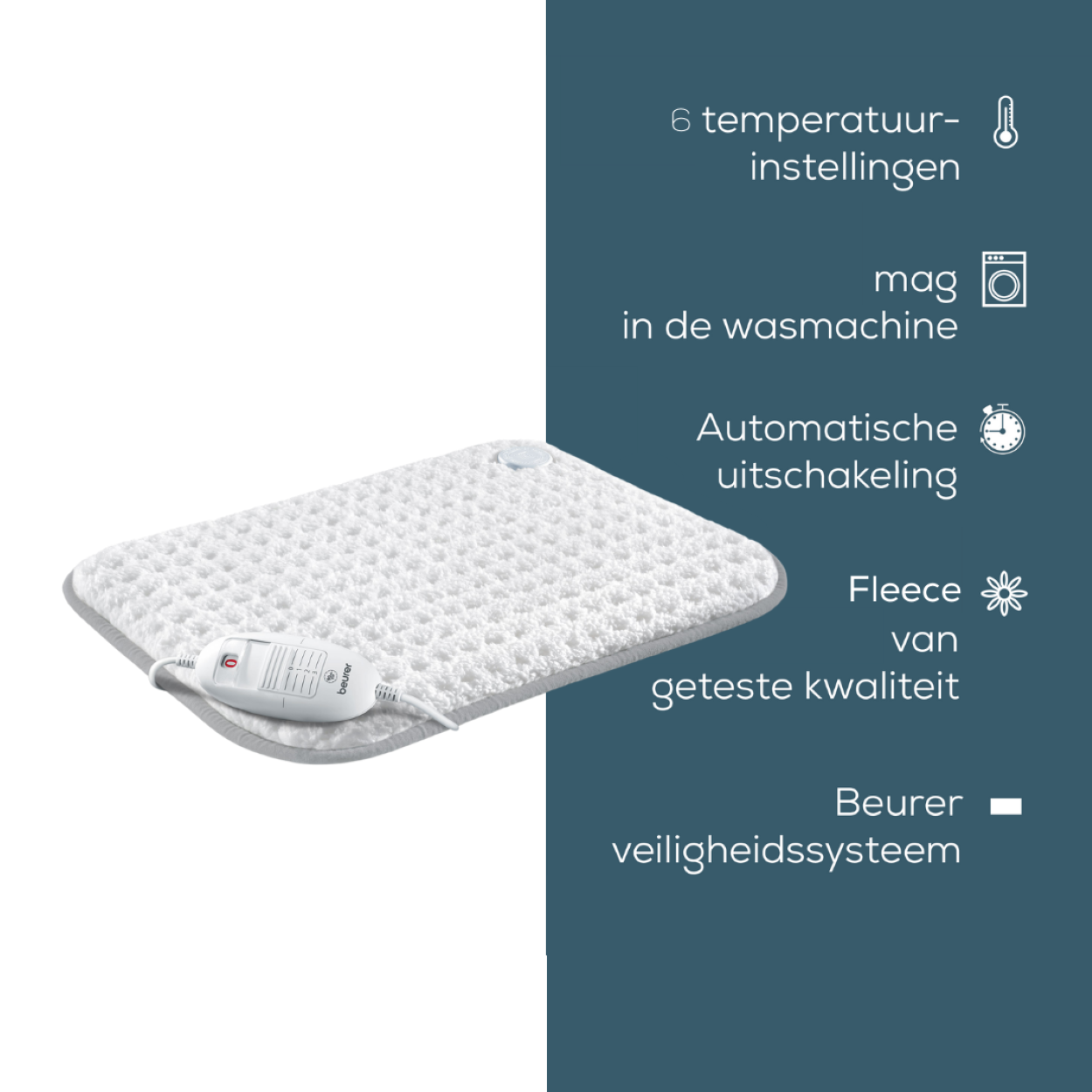 Weiße elektrische Heizdecke mit Text über Temperatureinstellungen und Sicherheitsmerkmale.