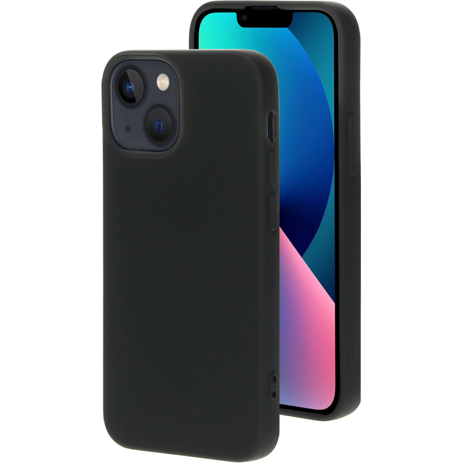 Black phone case with a phone inside, shown on a white background.