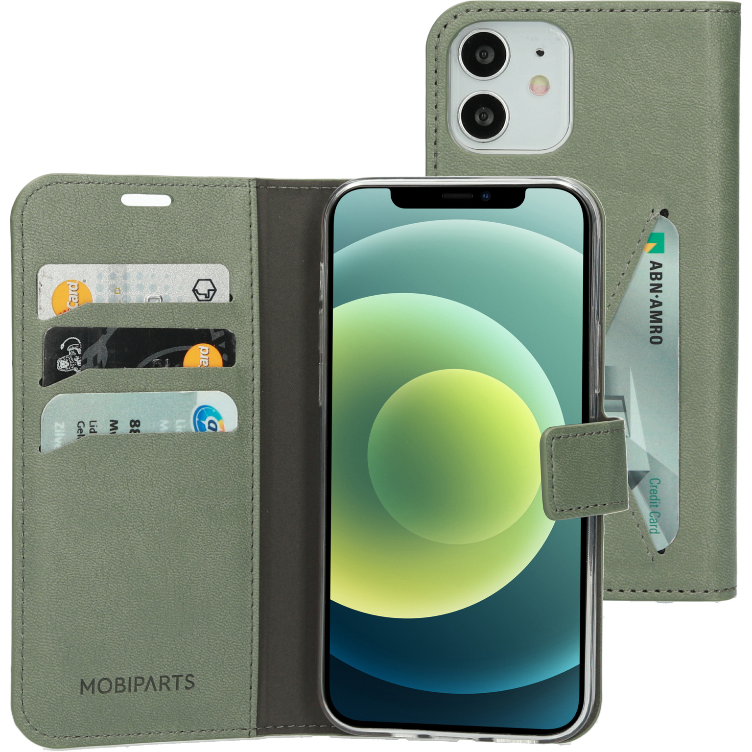 Green phone case, with credit card slots, and a phone screen visible.
